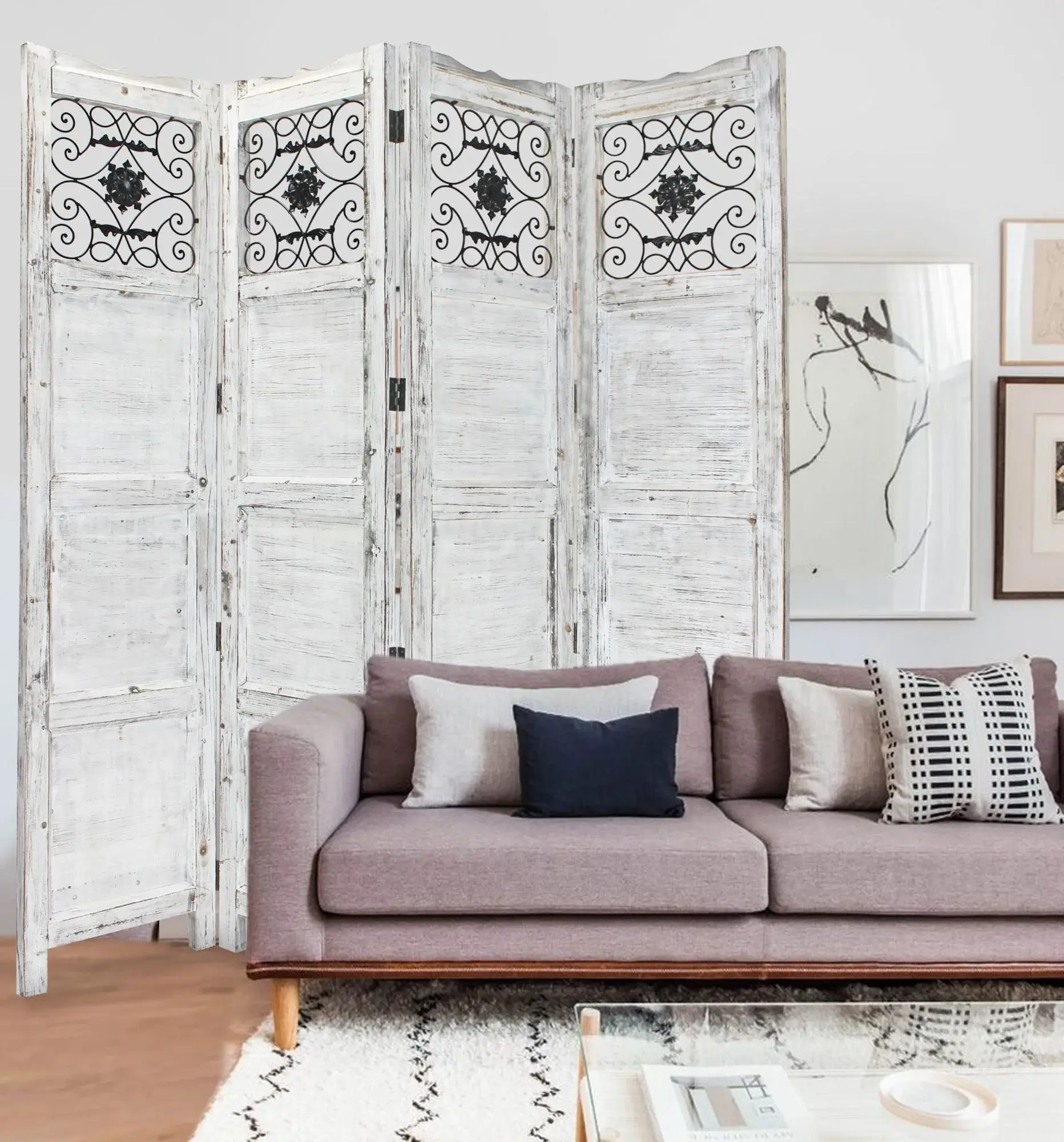 Gray Wash 4 Panel With Scroll Work Room Divider Screen - Image 4