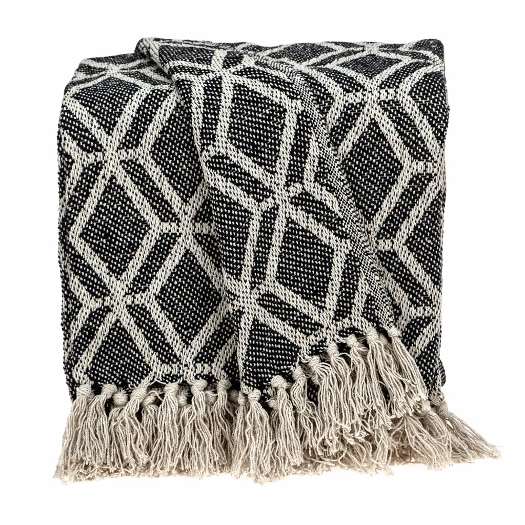 Grey and Beige Handloom Geometric Woven Throw Blanket - Image 2