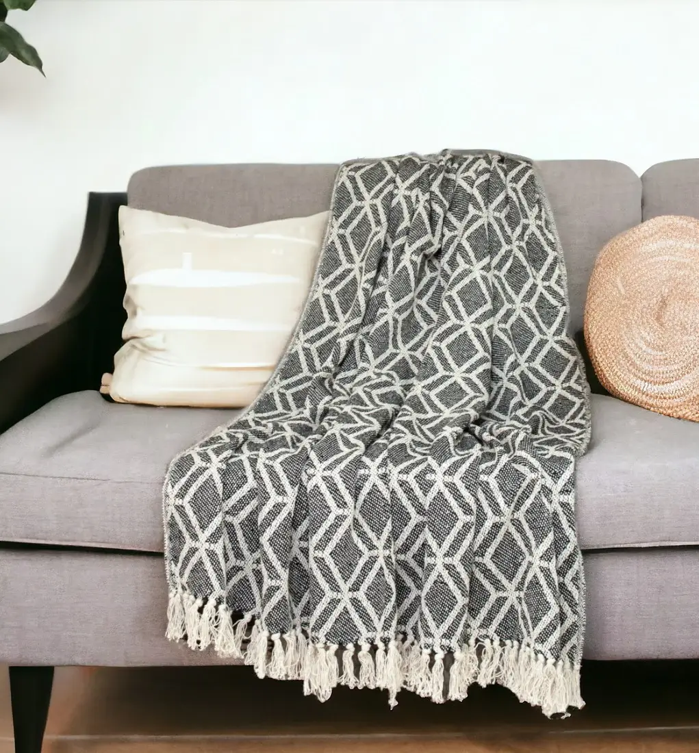 Grey and Beige Handloom Geometric Woven Throw Blanket - Image 4