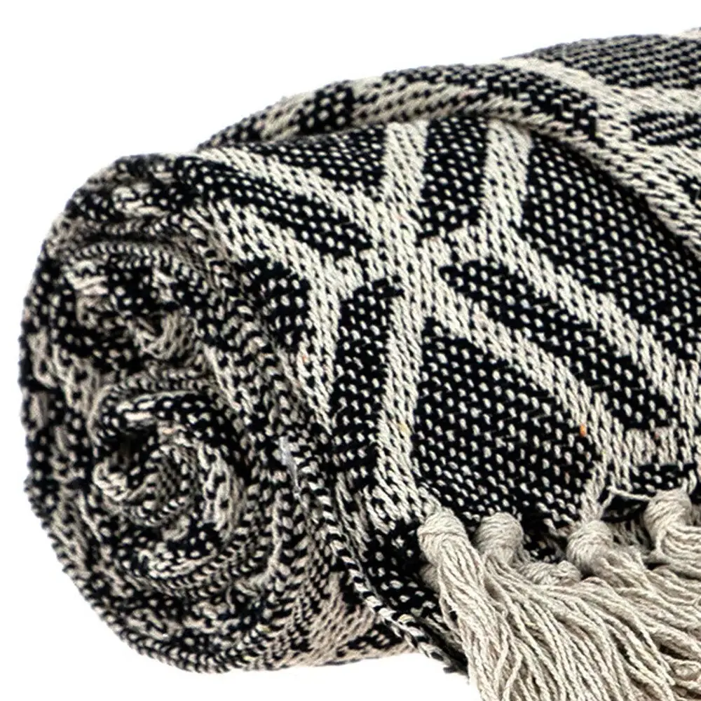 Grey and Beige Handloom Geometric Woven Throw Blanket - Image 7