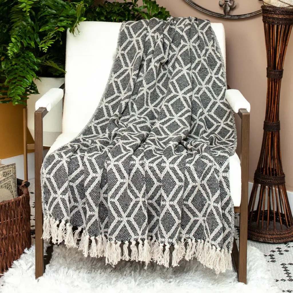 Grey and Beige Handloom Geometric Woven Throw Blanket - Image 8