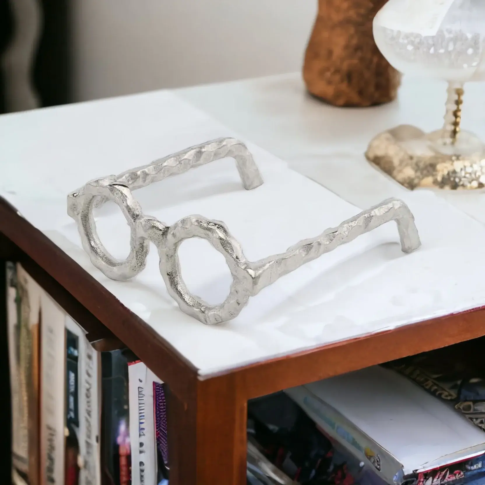 Hammered Silver Metal Eyeglasses Sculpture - Image 2