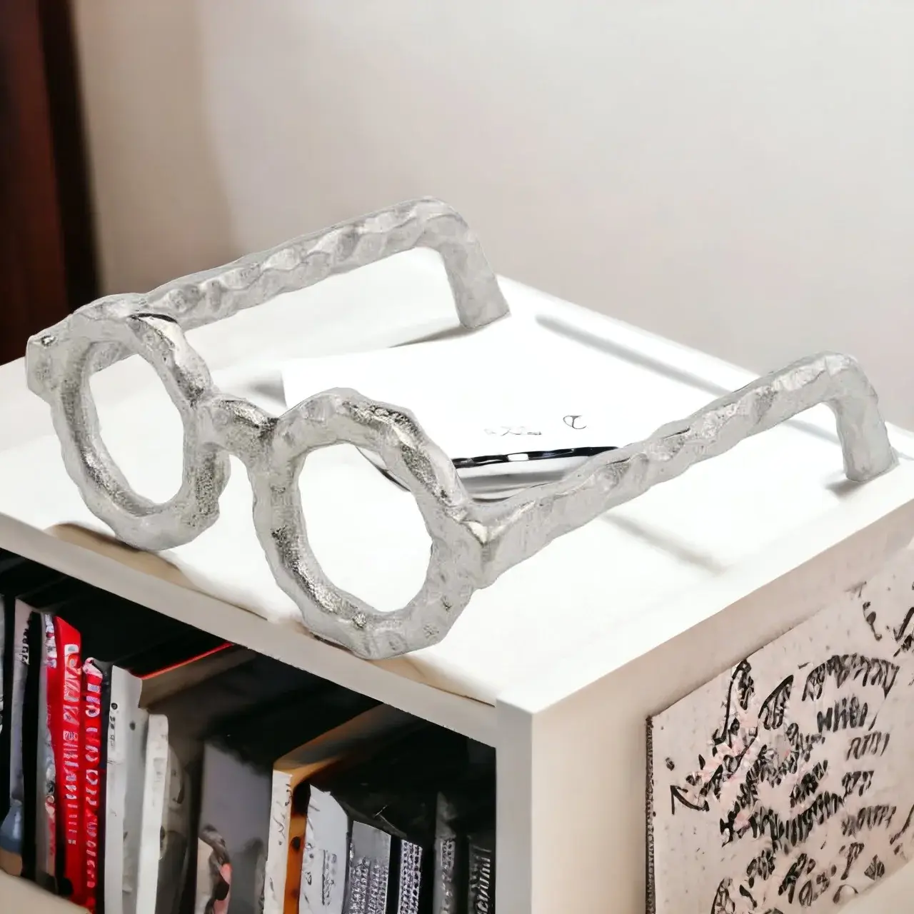 Hammered Silver Metal Eyeglasses Sculpture - Image 3