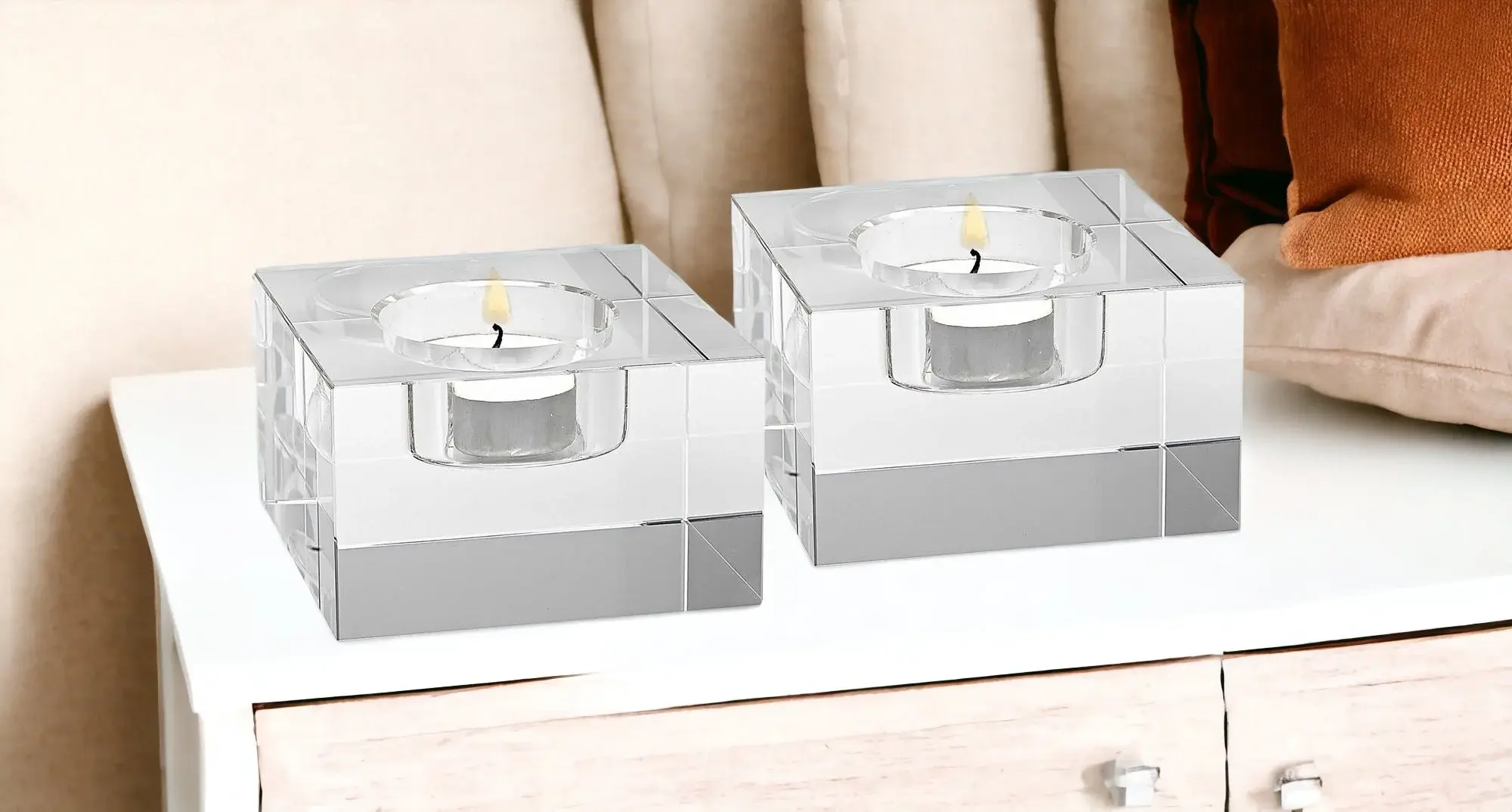 Hand Crafted Crystal Block Pair Of Tlite Holders - Image 3