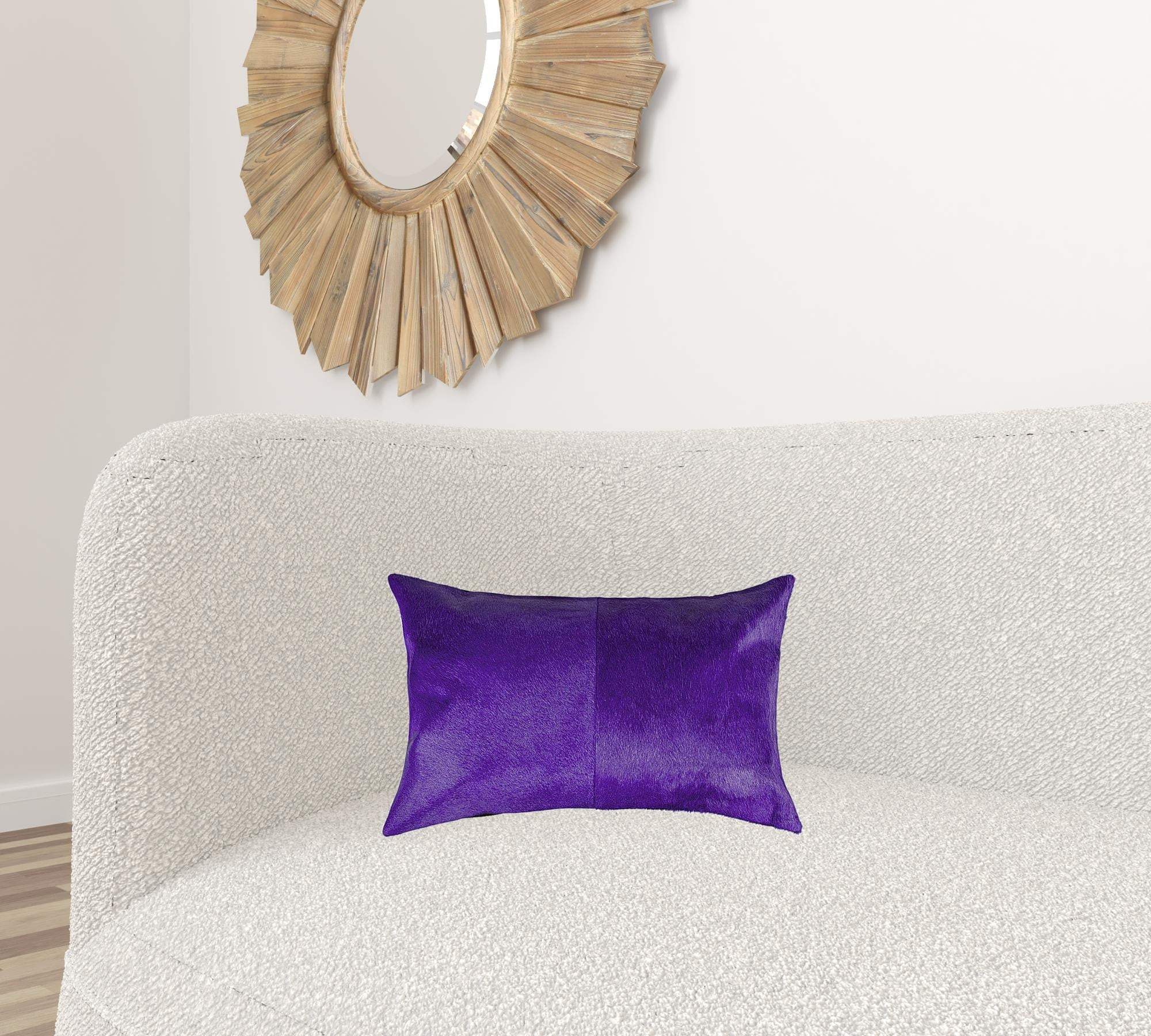 Hand Stitched Purple Natural Cowhide Decorative Lumbar Pillow - Image 2