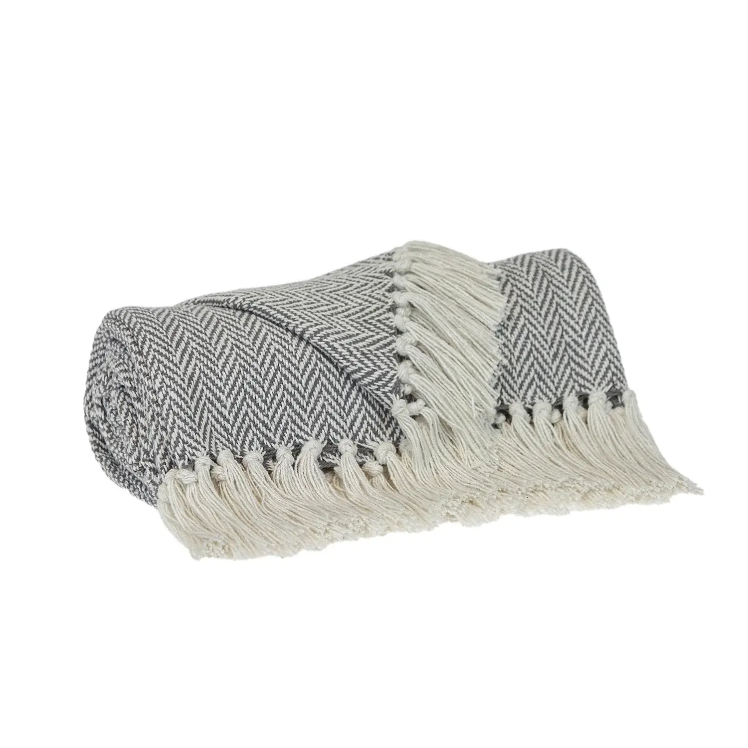 Handloomed Light Gray Cotton Throw Blanket with Tassels - Image 2