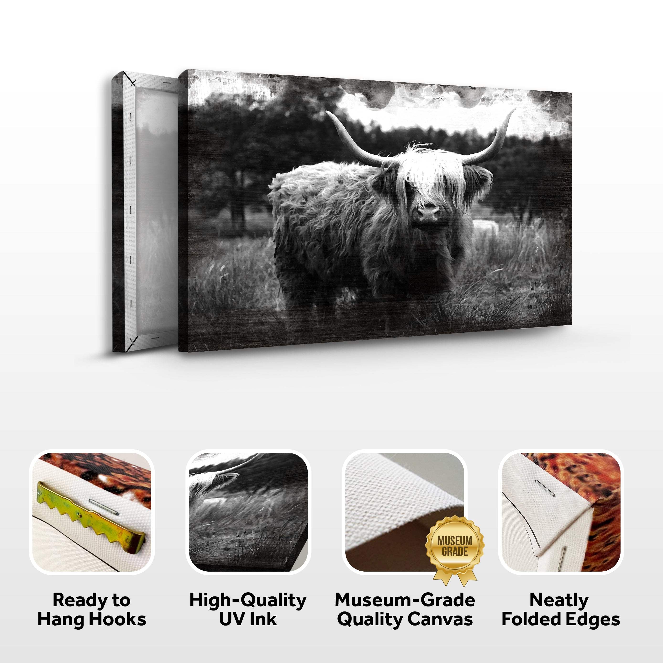 Highland Cattle Monochrome Canvas Wall Art - Image 3