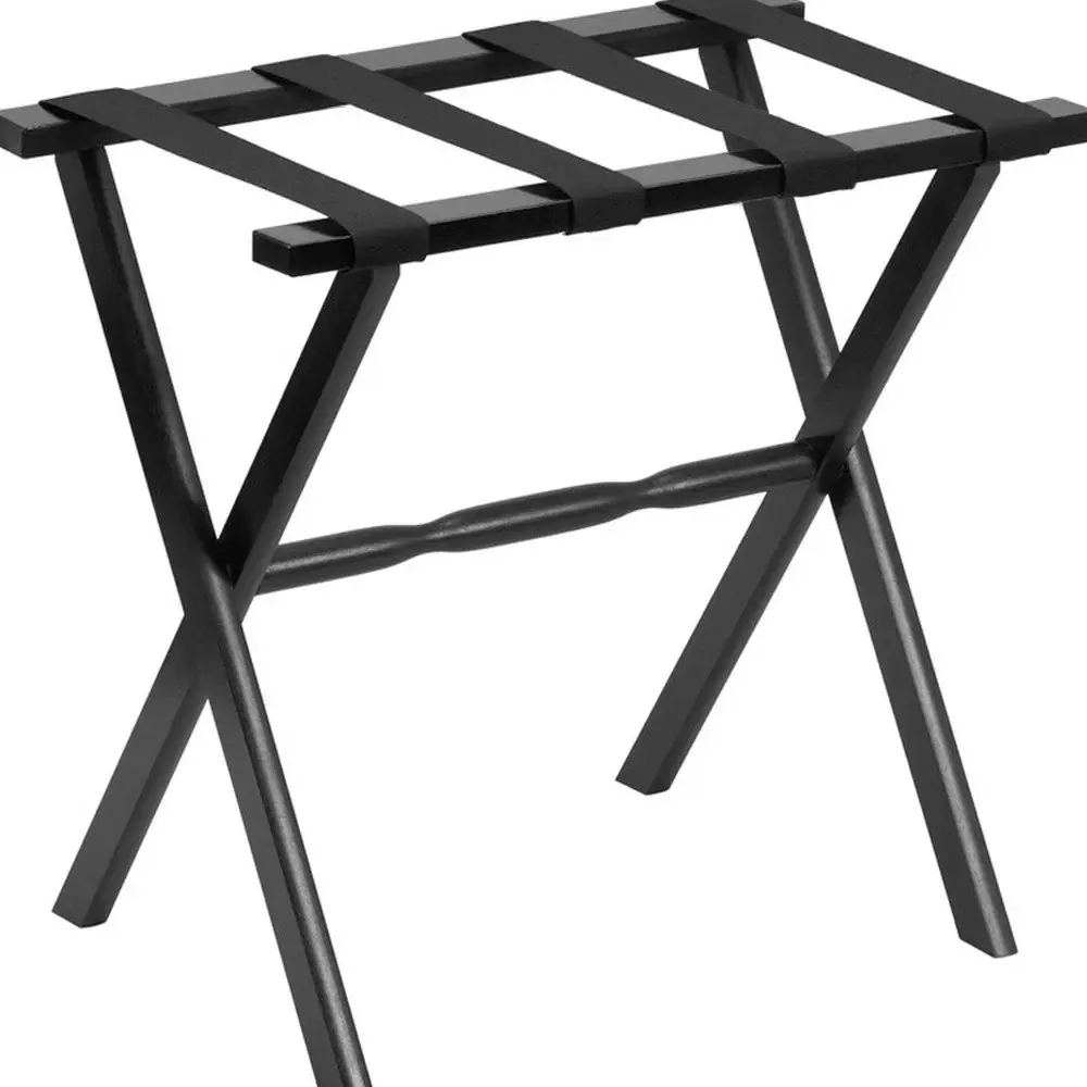 Hotel Black Finish Wood Folding Luggage Rack With Black Straps - Image 6
