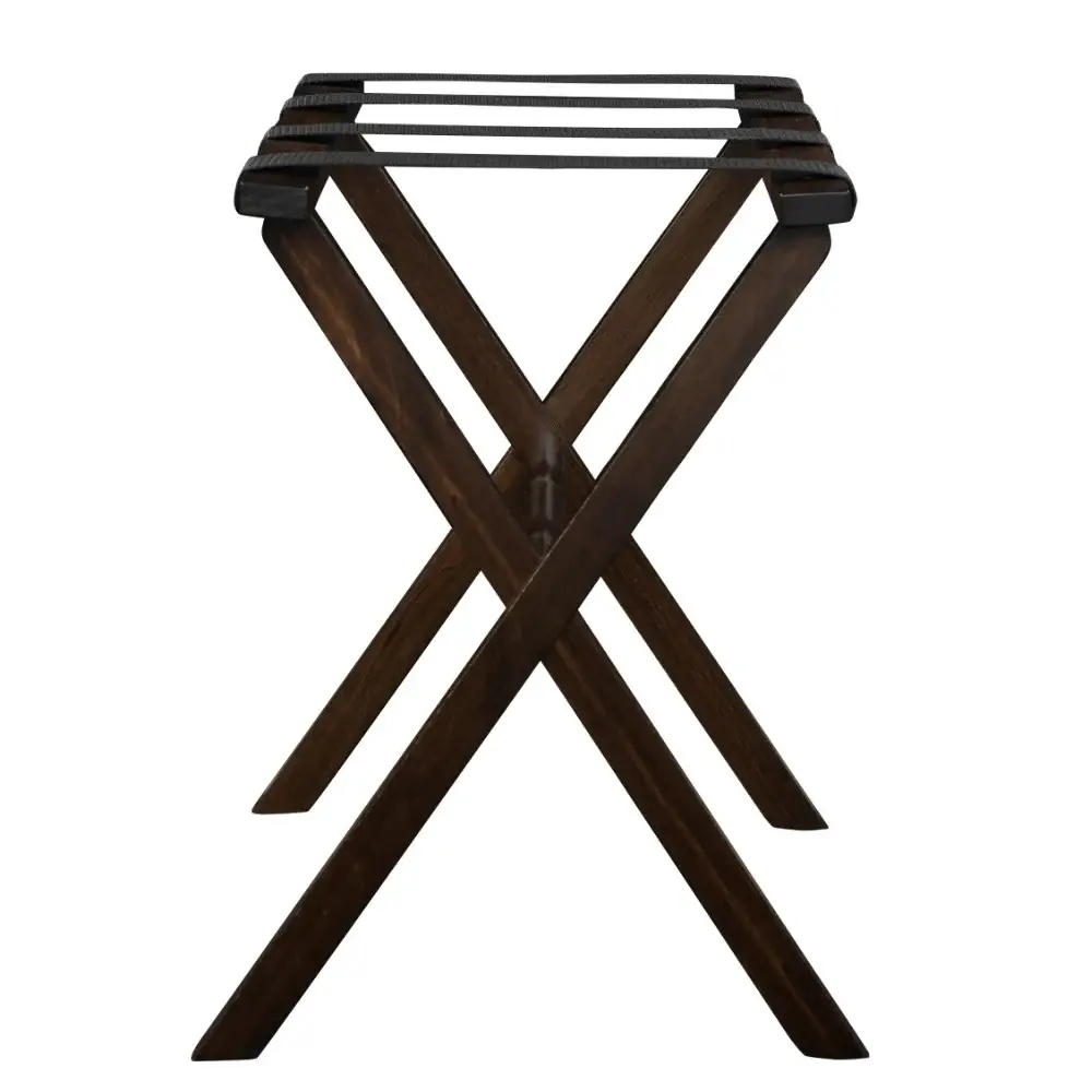 Hotel Dark Walnut Finish Wood Folding Luggage Rack With Black Straps - Image 2