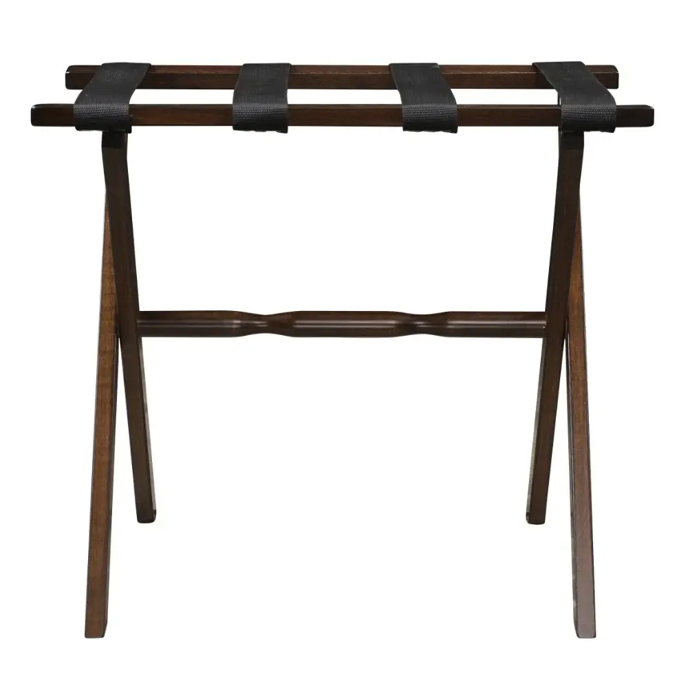 Hotel Dark Walnut Finish Wood Folding Luggage Rack With Black Straps - Image 3