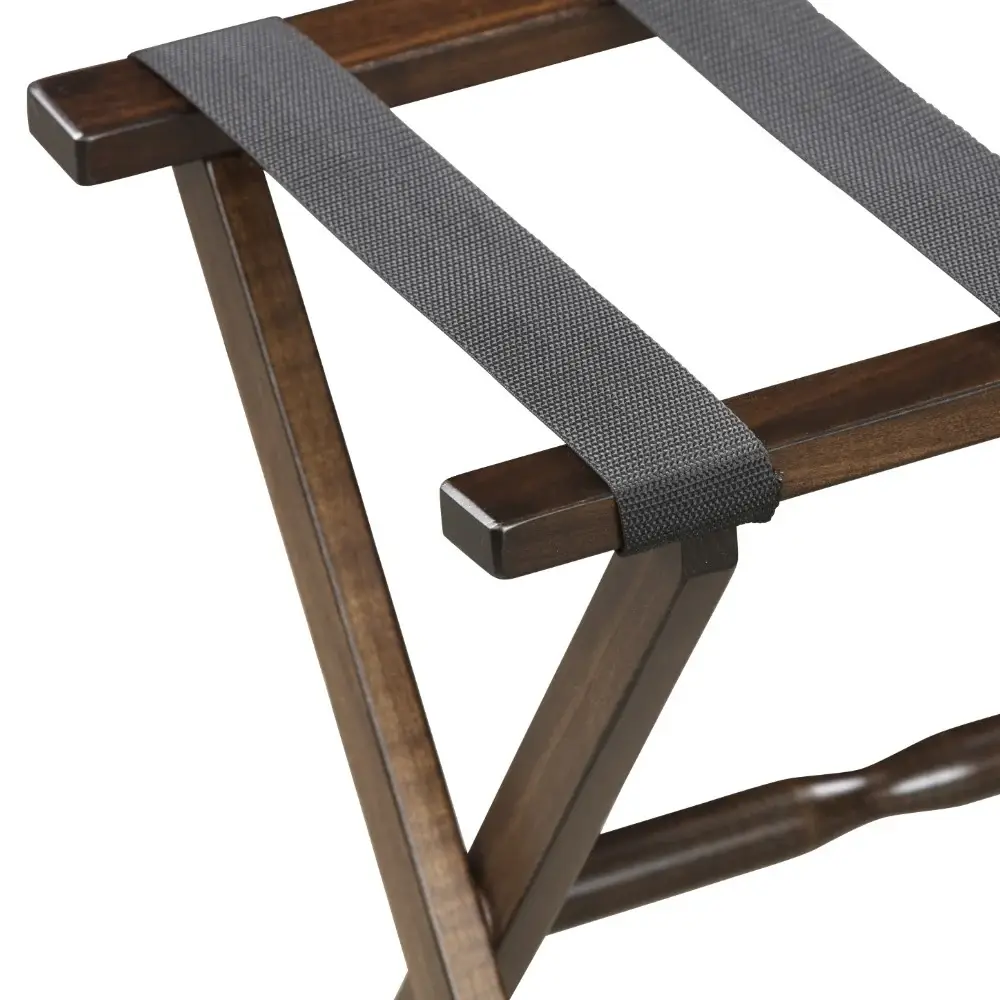 Hotel Dark Walnut Finish Wood Folding Luggage Rack With Black Straps - Image 4