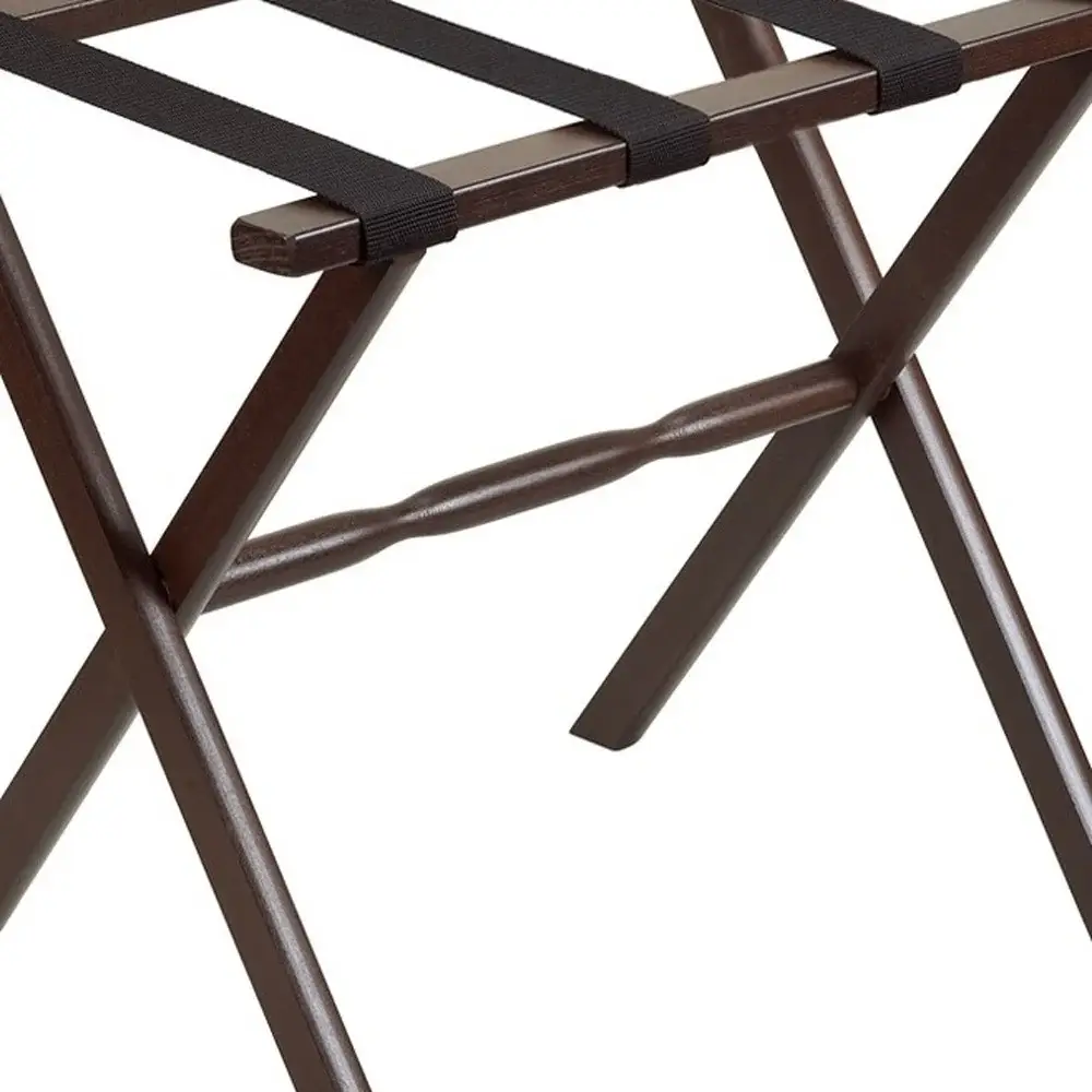 Hotel Dark Walnut Finish Wood Folding Luggage Rack With Black Straps - Image 5