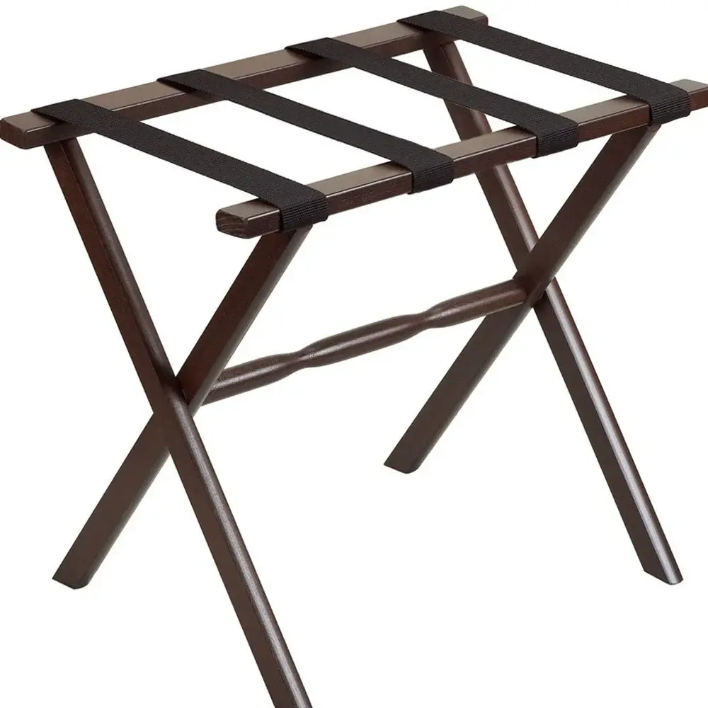 Hotel Dark Walnut Finish Wood Folding Luggage Rack With Black Straps - Image 6