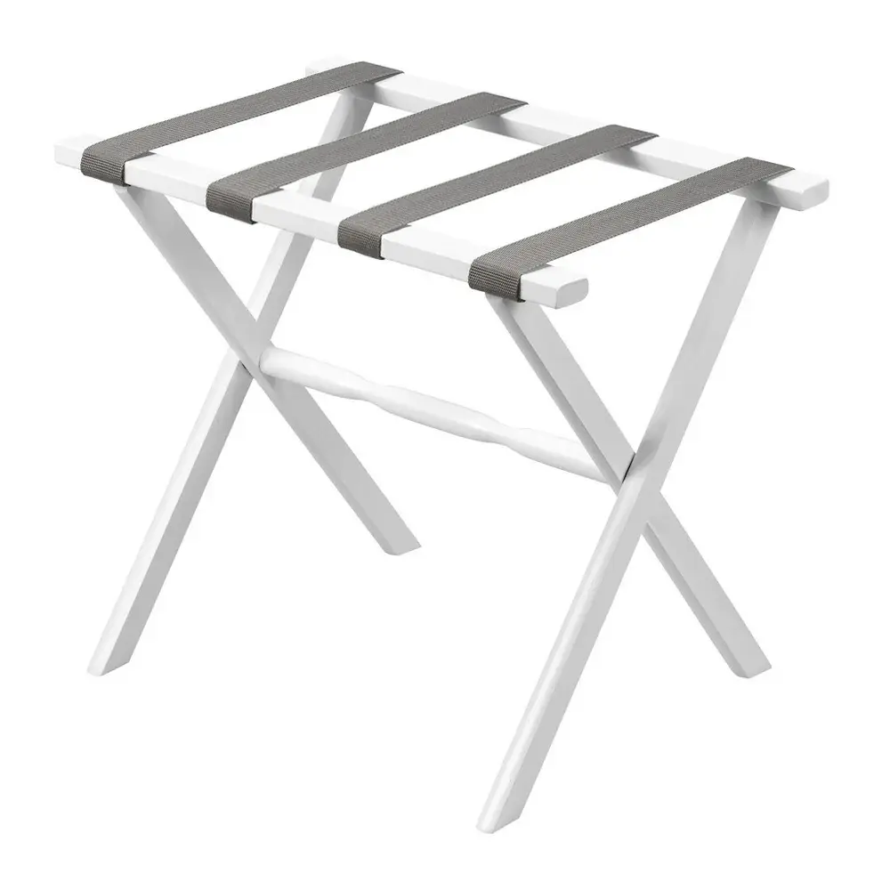 Hotel White Finish Wood Folding Luggage Rack With Gray Straps - Image 6