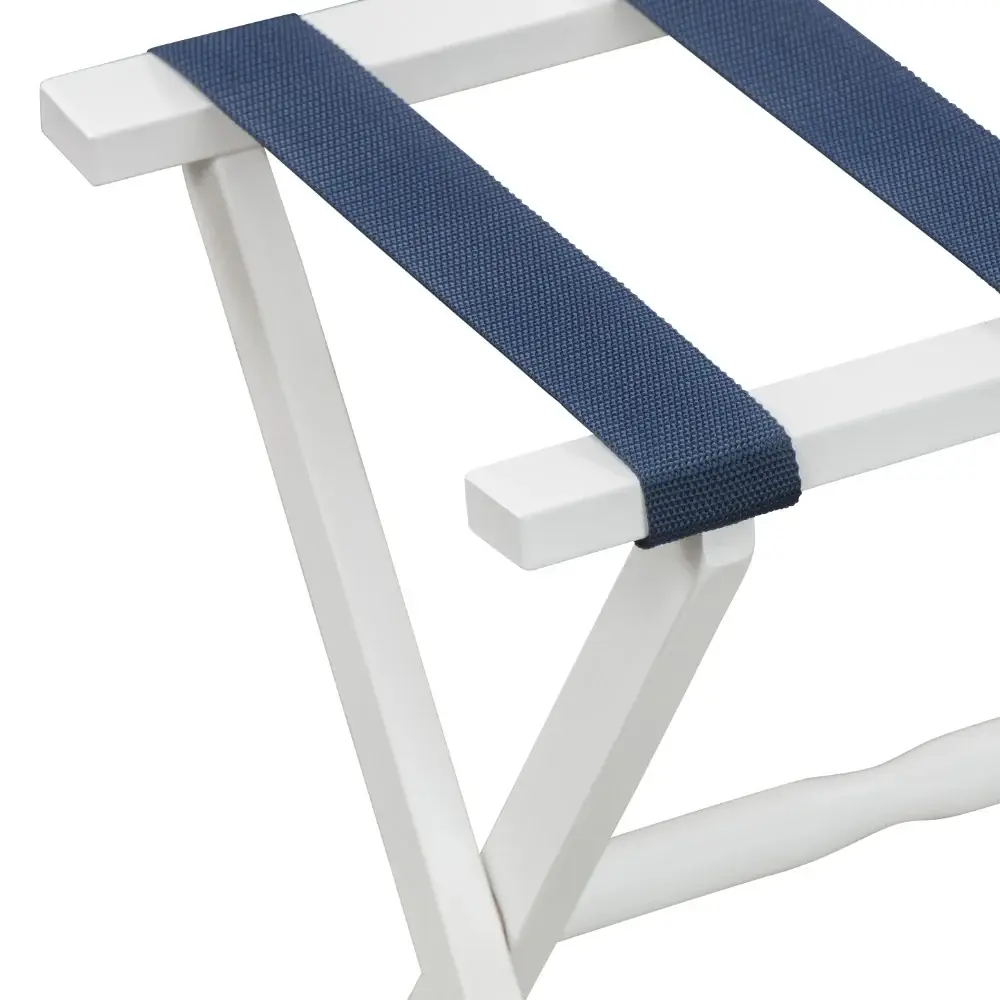 Hotel White Finish Wood Folding Luggage Rack With Navy Straps - Image 4
