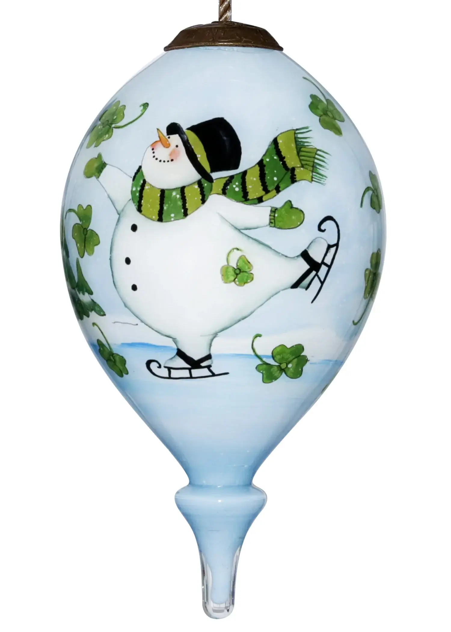 Ice Skating Shamrock Snowman Hand Painted Mouth Blown Glass Ornament - Image 2