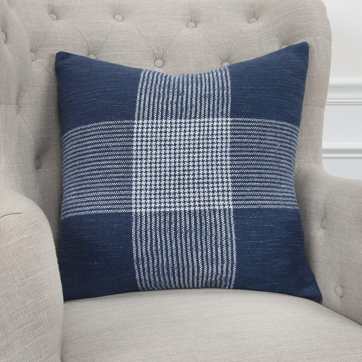 Indigo White Plaid Pattern Throw Pillow - Image 4