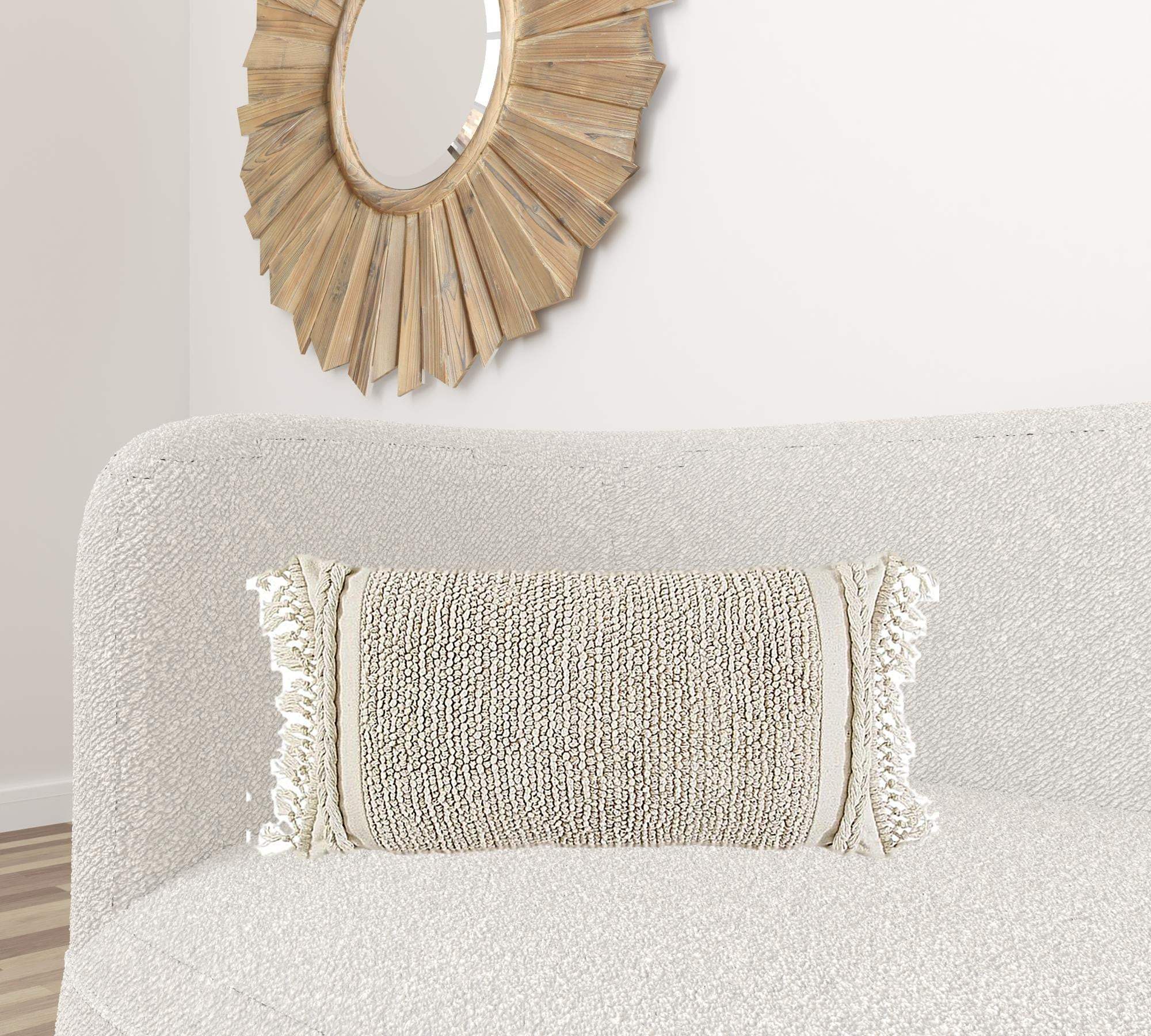 Ivory Braided Stripe Macrame Fringe Lumbar Pillow - Image 2
