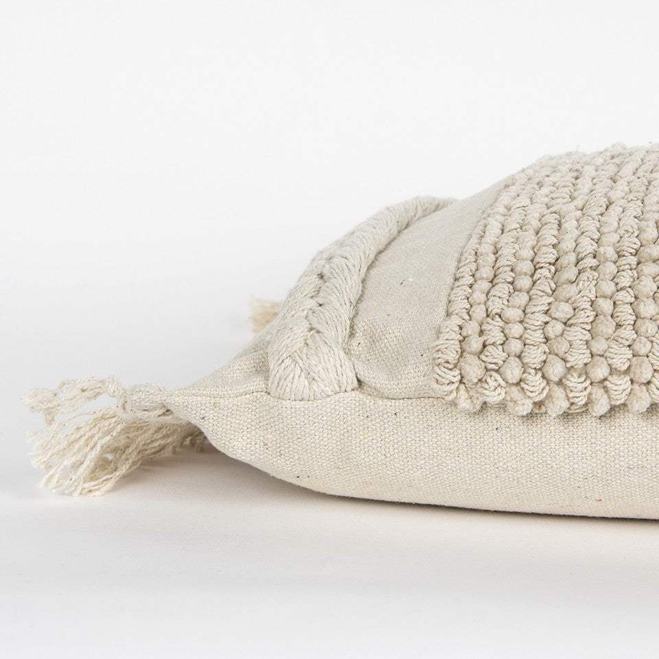 Ivory Braided Stripe Macrame Fringe Lumbar Pillow - Image 3