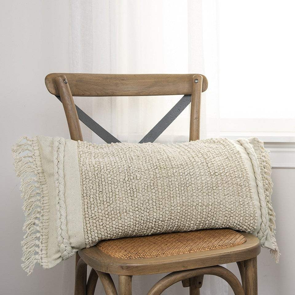 Ivory Braided Stripe Macrame Fringe Lumbar Pillow - Image 4