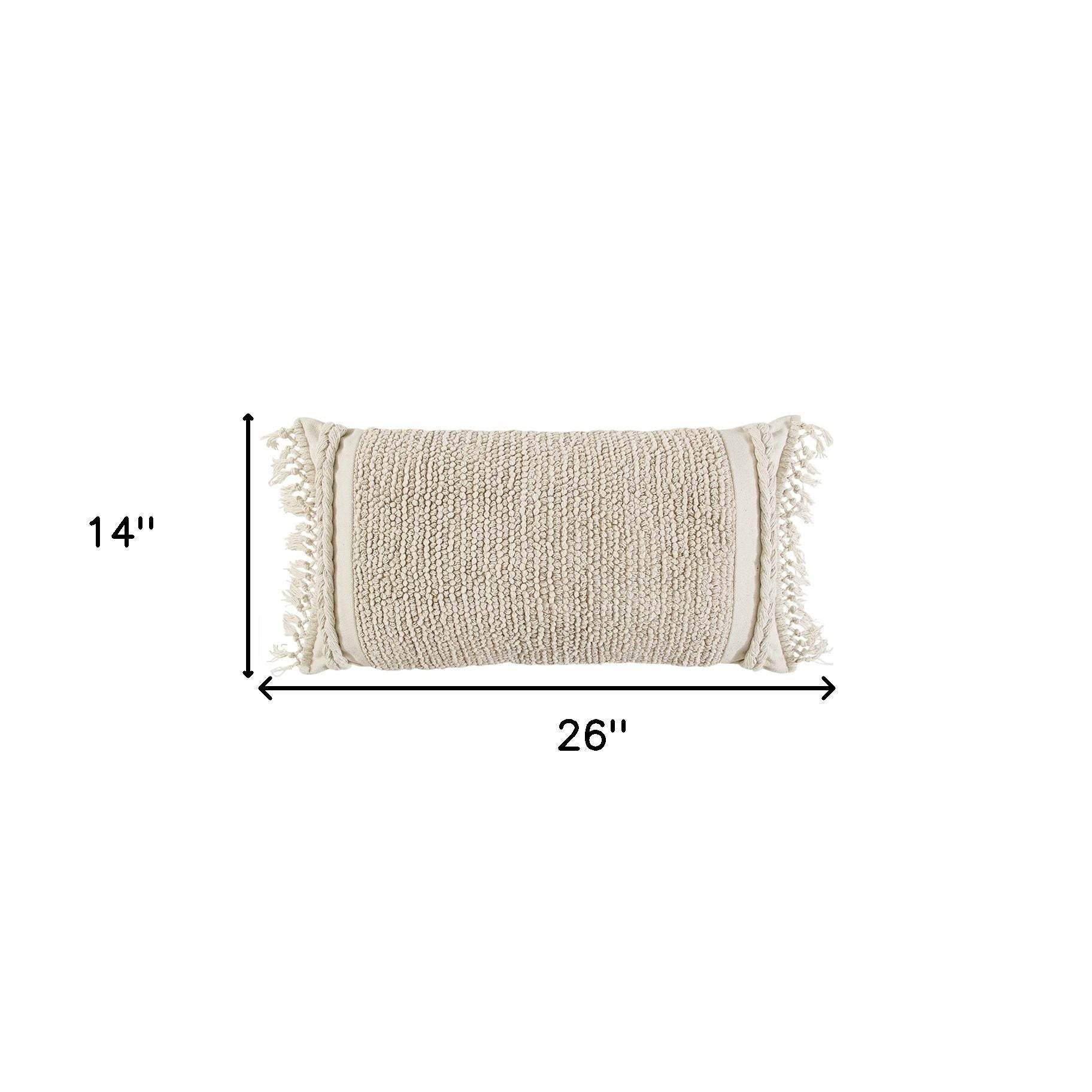 Ivory Braided Stripe Macrame Fringe Lumbar Pillow - Image 5