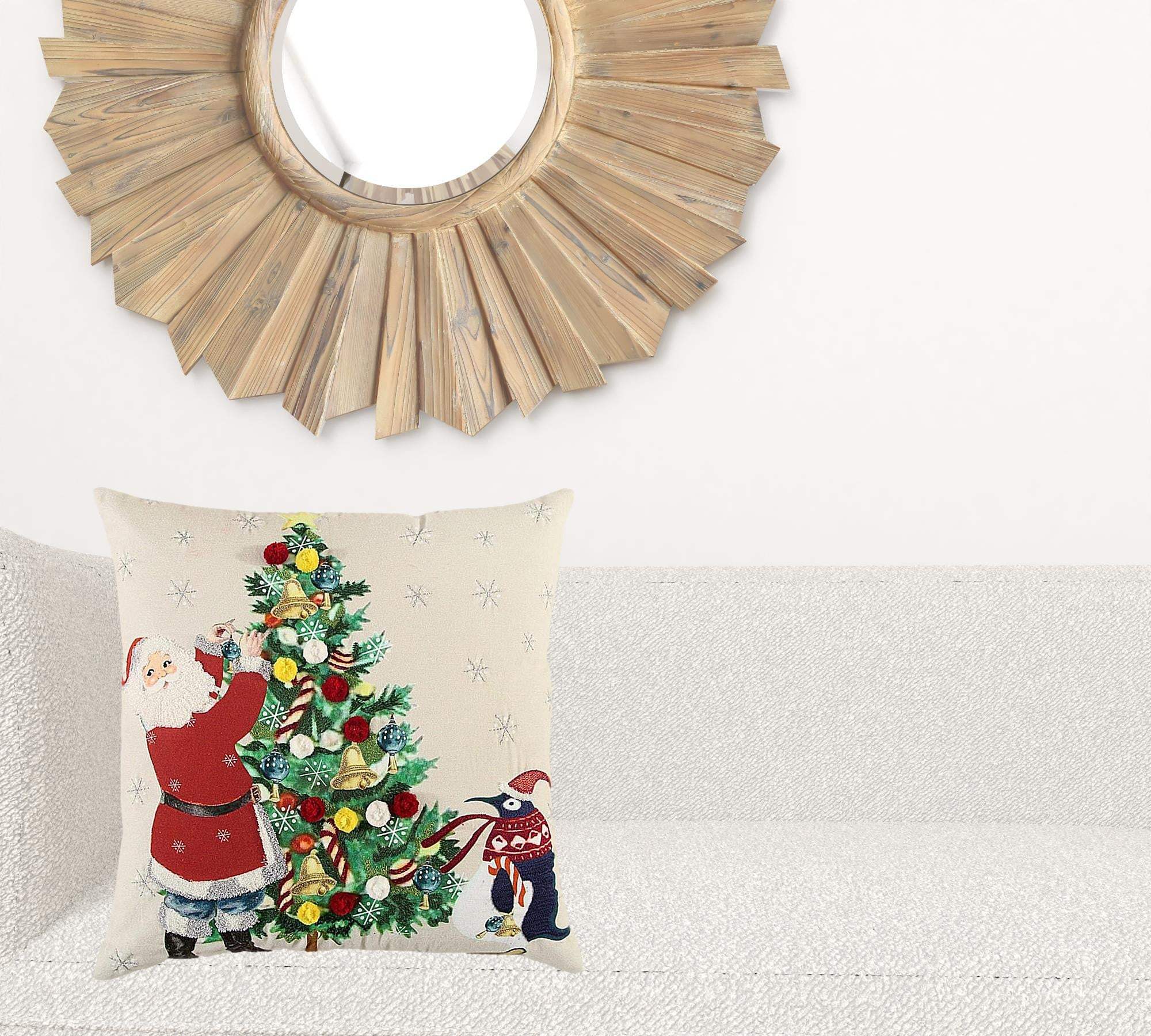 Ivory Vintage Santa and Penguin Christmas Throw Pillow - Image 2