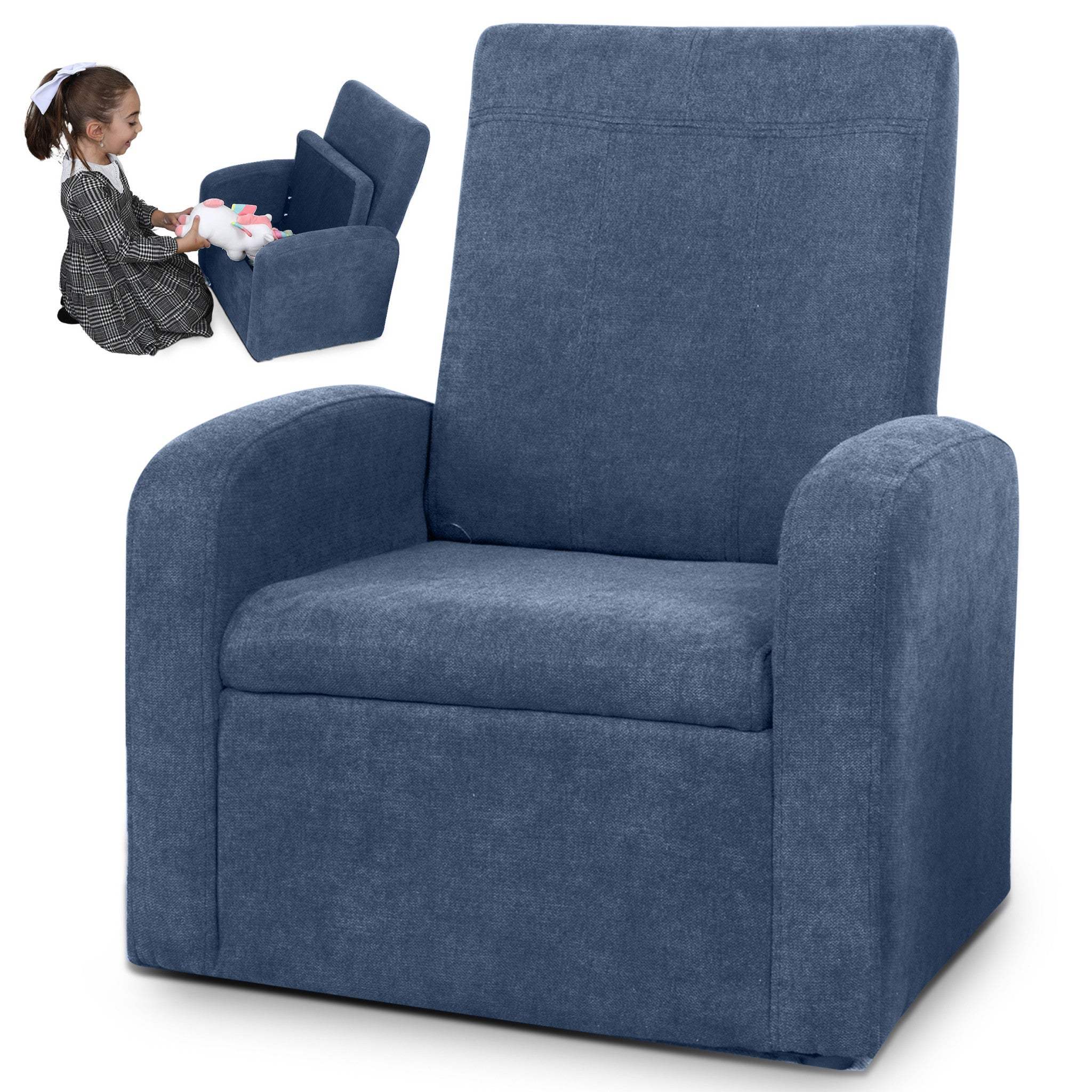 Kids Blue Comfy Upholstered Recliner Chair with Storage - Image 4