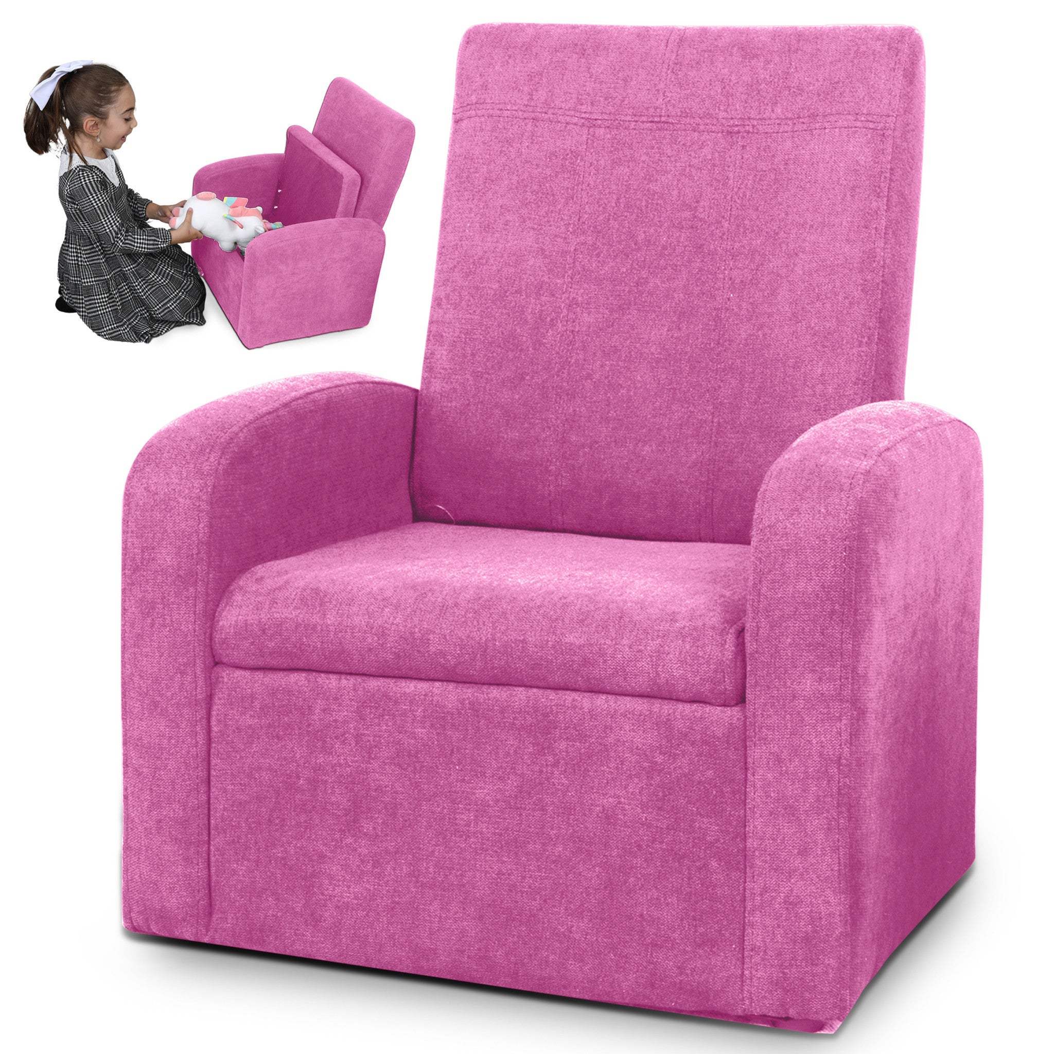 Kids Pink Comfy Upholstered Recliner Chair with Storage - Image 4