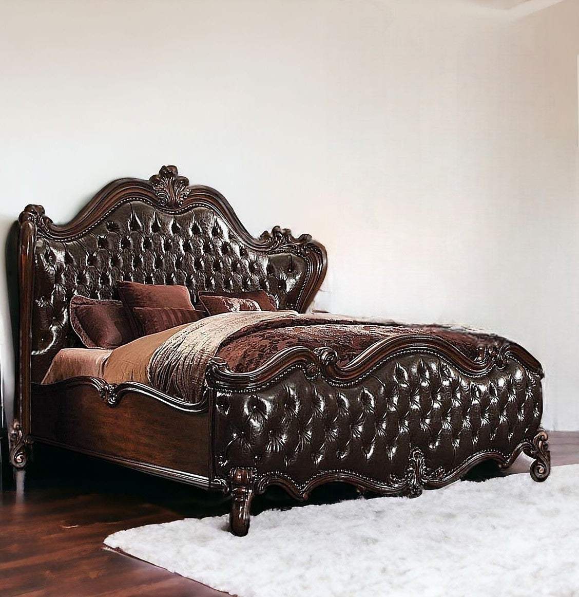 King Tufted Dark Brown Upholstered Faux Leather Bed With Nailhead Trim - Image 2