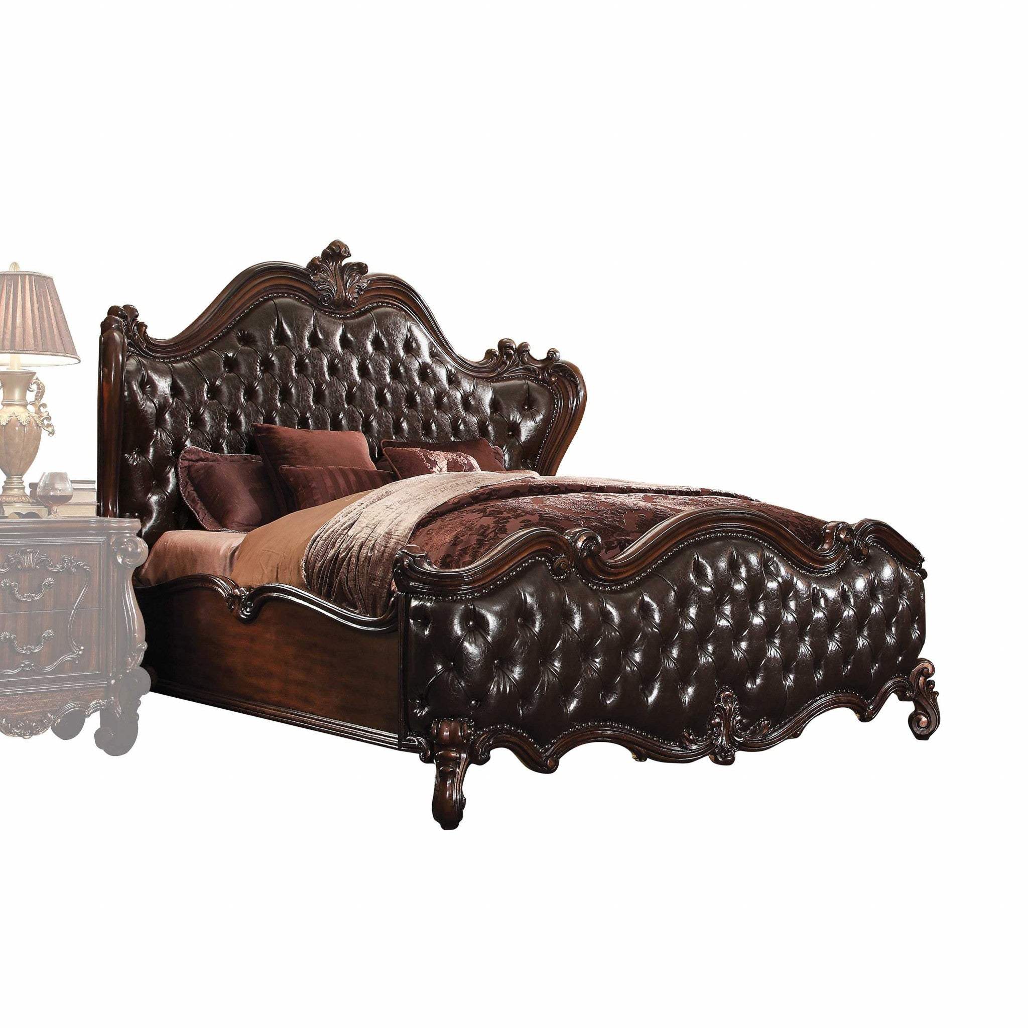 King Tufted Dark Brown Upholstered Faux Leather Bed With Nailhead Trim - Image 3