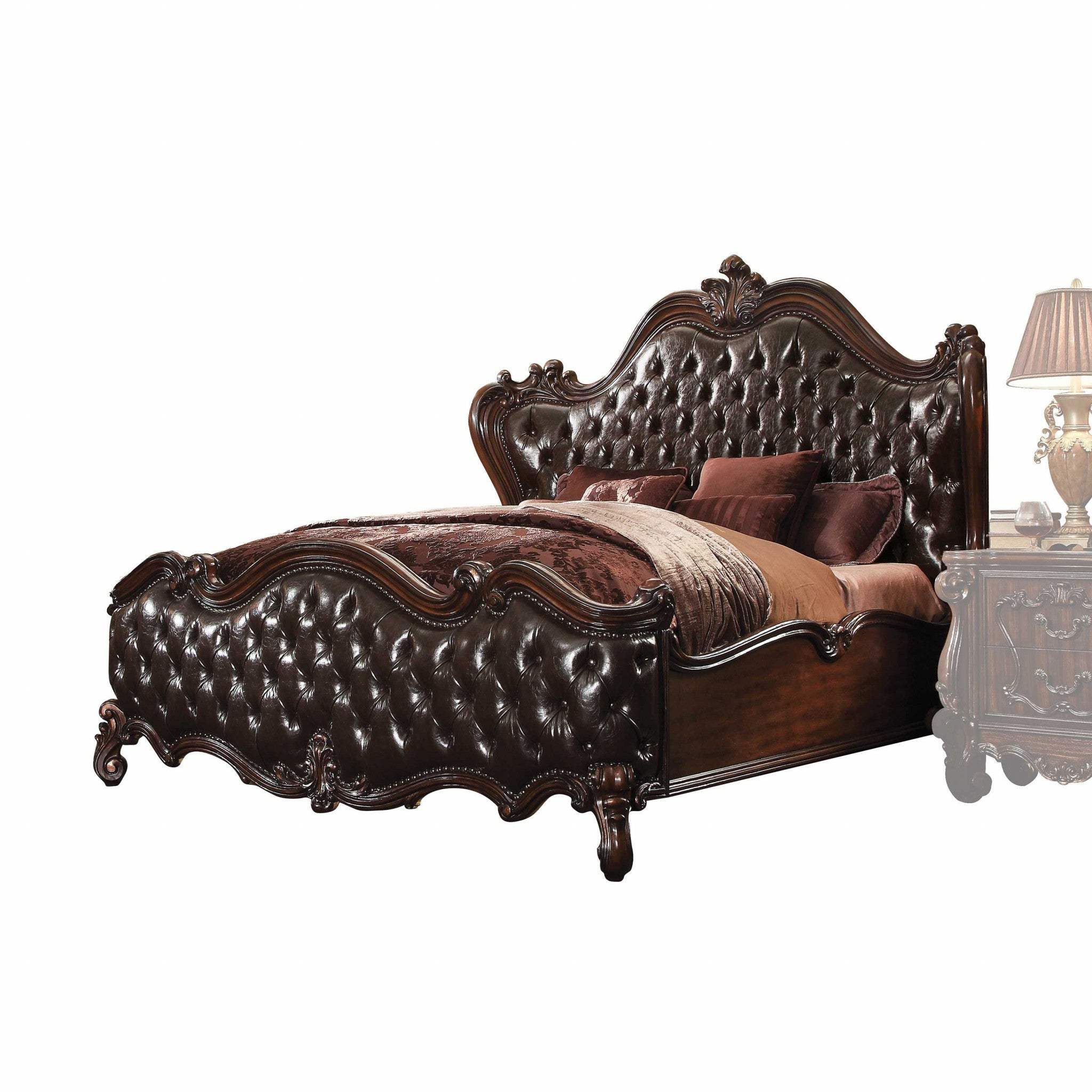 King Tufted Dark Brown Upholstered Faux Leather Bed With Nailhead Trim - Image 4