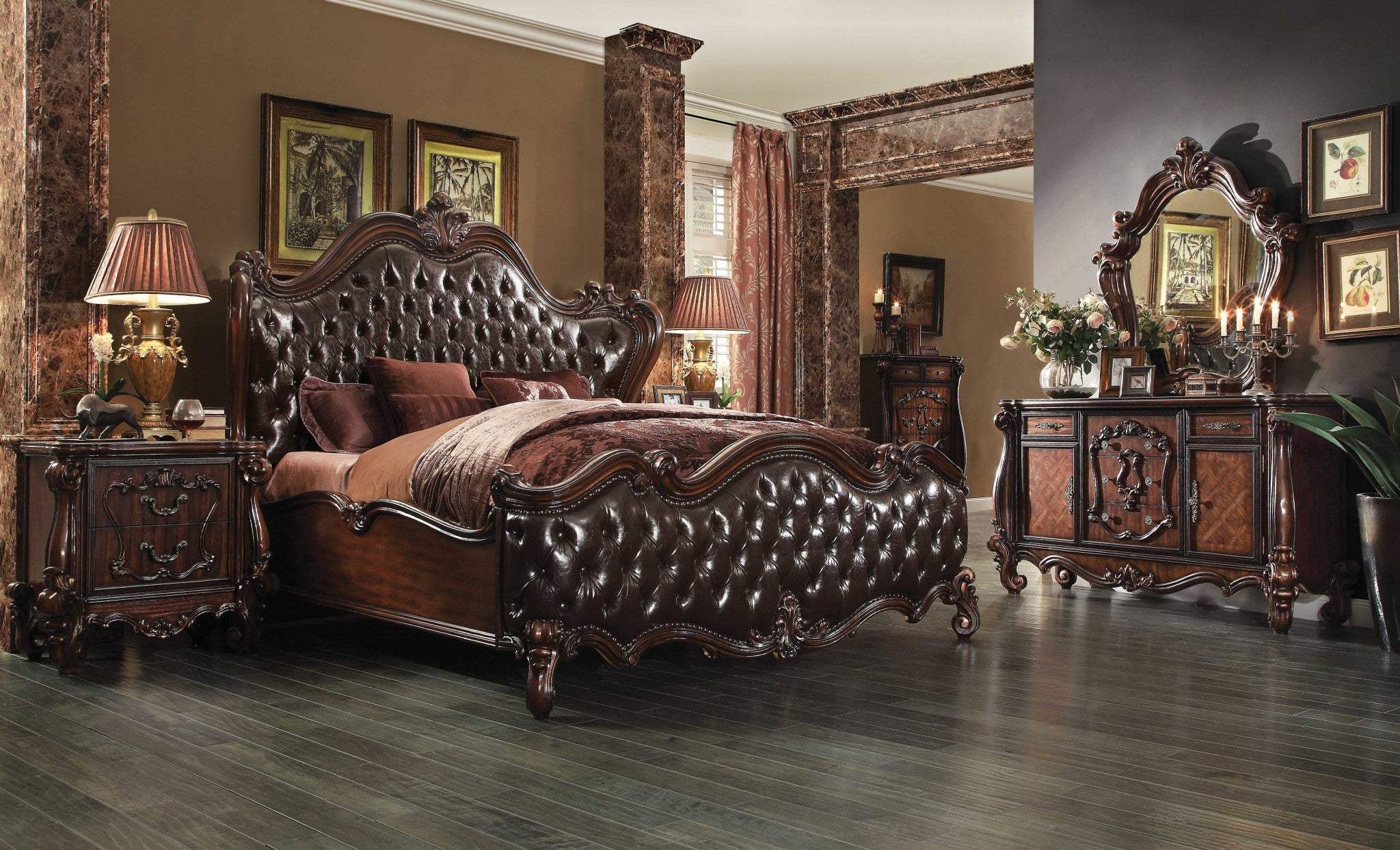King Tufted Dark Brown Upholstered Faux Leather Bed With Nailhead Trim - Image 6