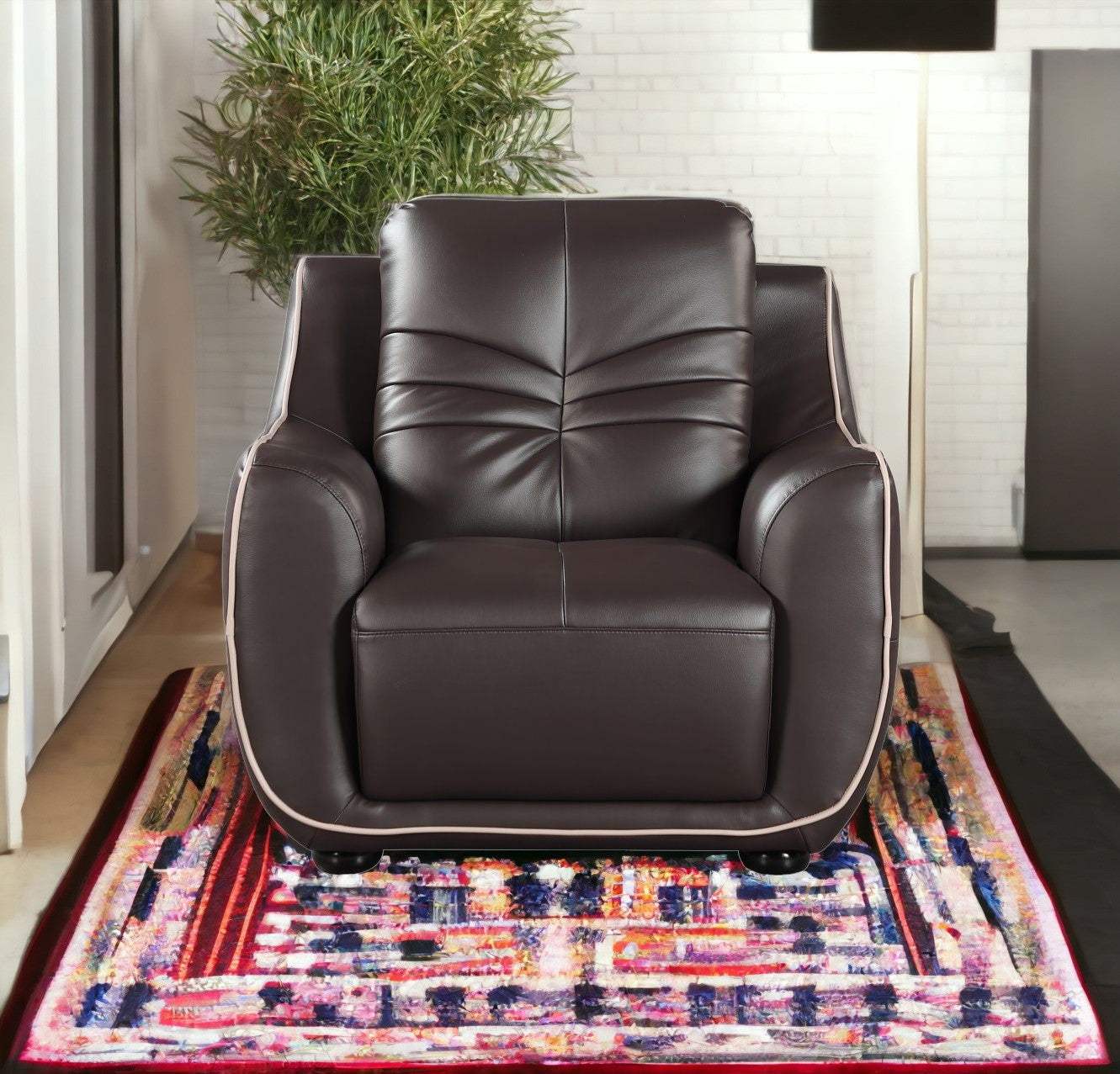 Leather Match Solid Color Flared Arms Club Chair Brown Legs - Image 5