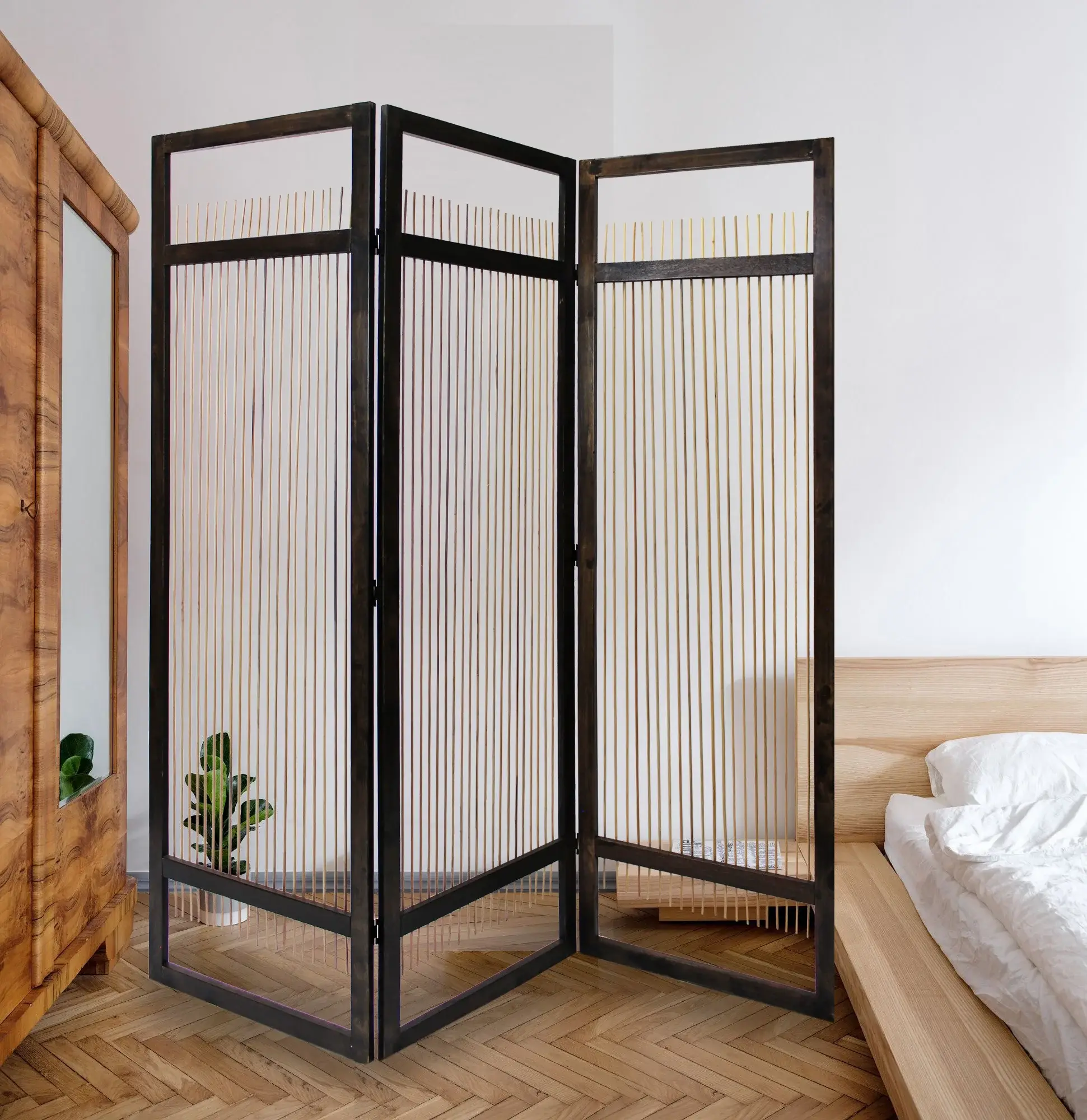 Light and Dark Rattan Three Panel Room Divider Screen - Image 4