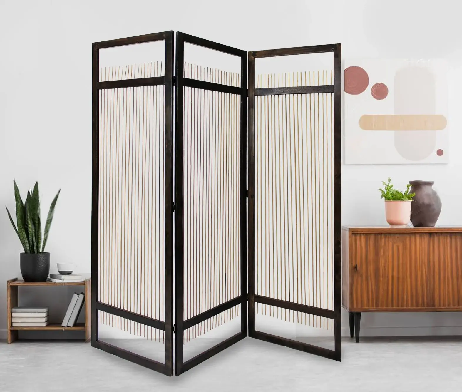 Light and Dark Rattan Three Panel Room Divider Screen - Image 5