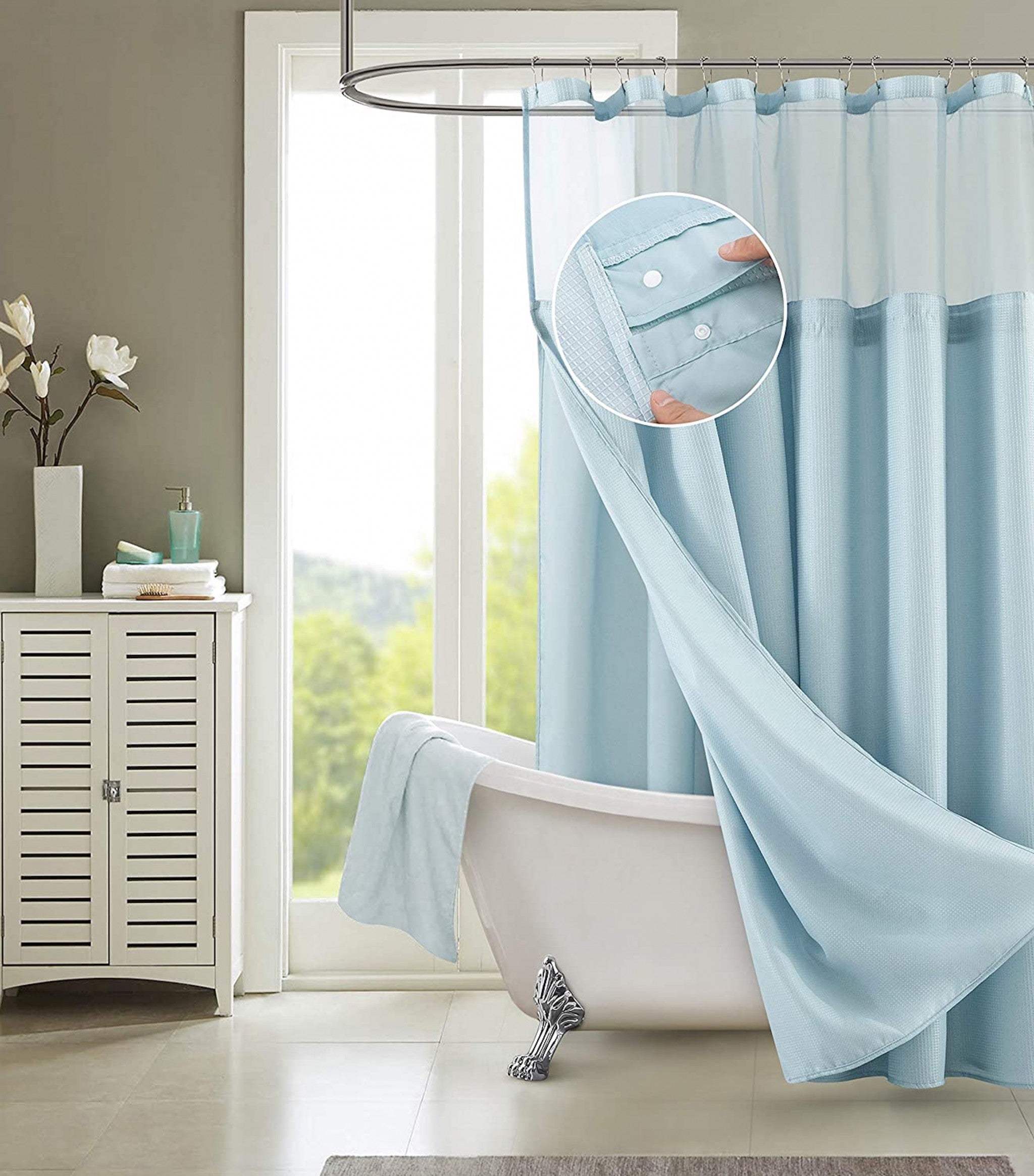 Light Blue Sheer and Grid Shower Curtain and Liner Set - Image 7