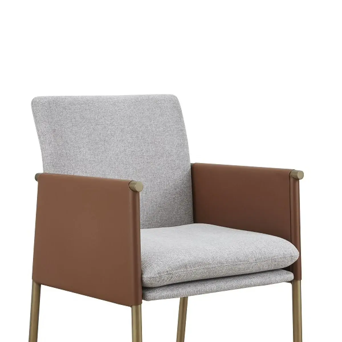 Light Gray And Antiqued Brass Upholstered Fabric Dining Arm Chair - Image 5
