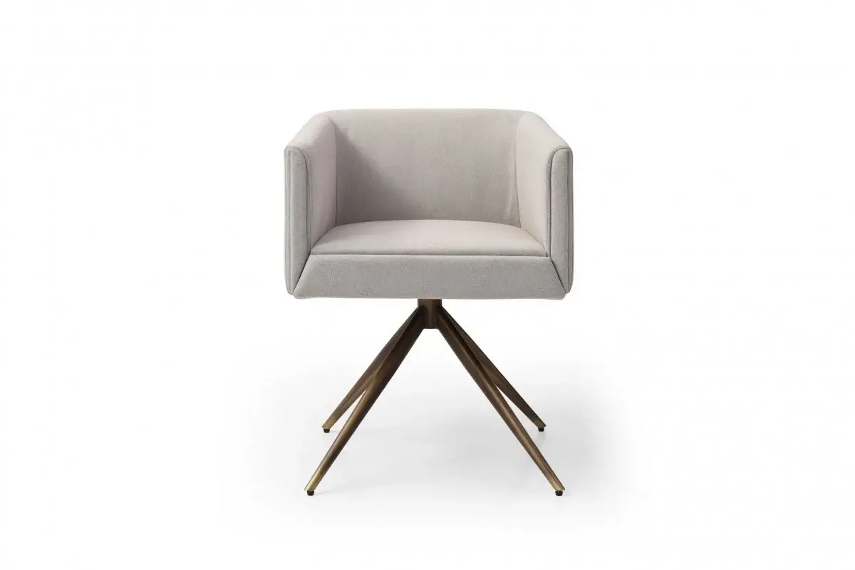 Light Gray And Brass Upholstered Fabric Dining Arm Chair - Image 2