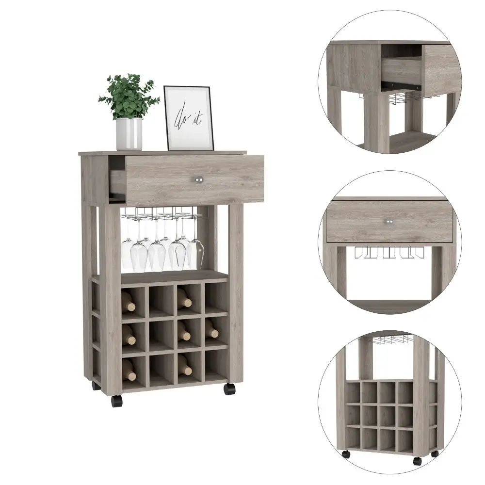 Light Gray Rolling Bar Cart With Wine Storage - Image 2
