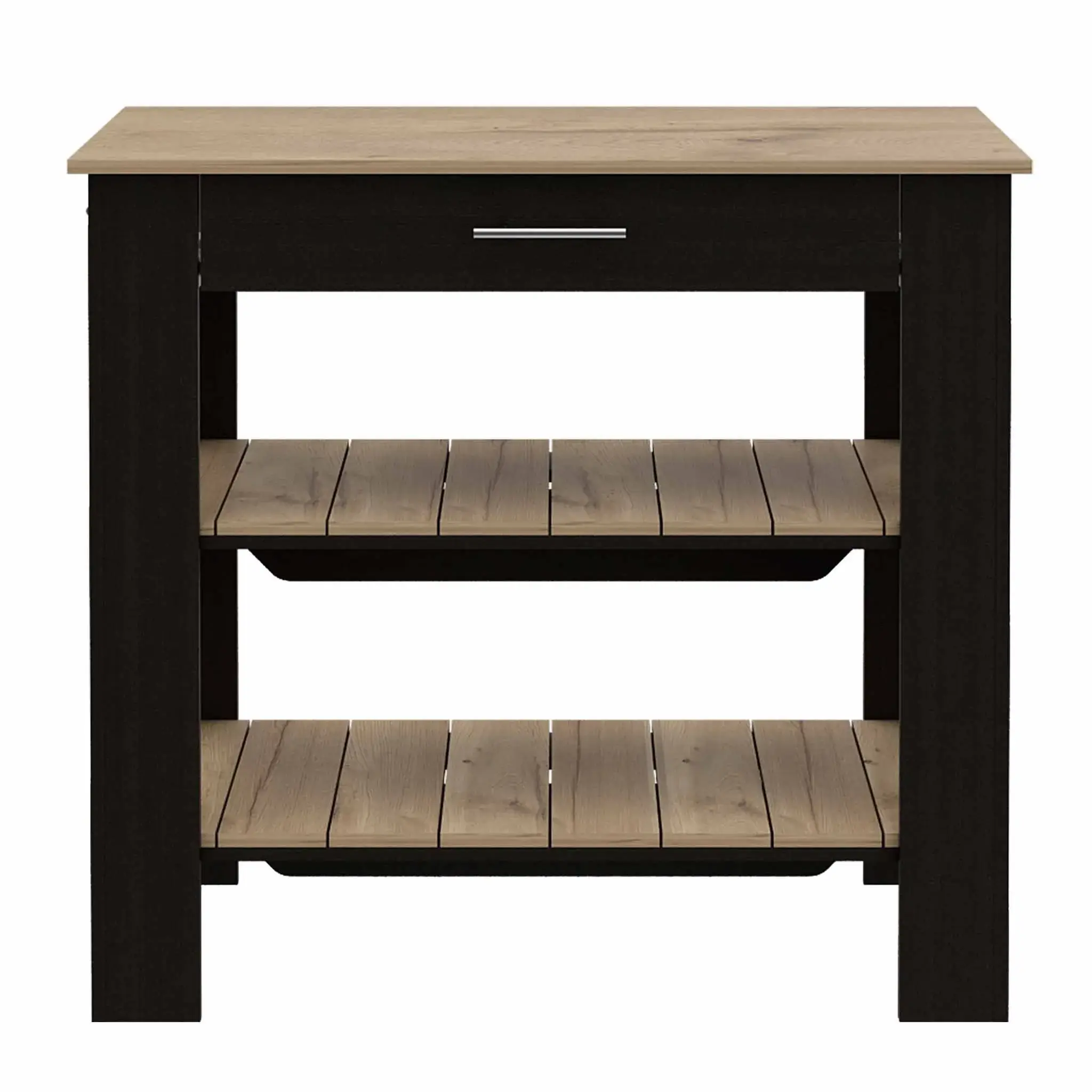 Light Oak and Black Kitchen Island with Drawer and Two Open Shelves - Image 2