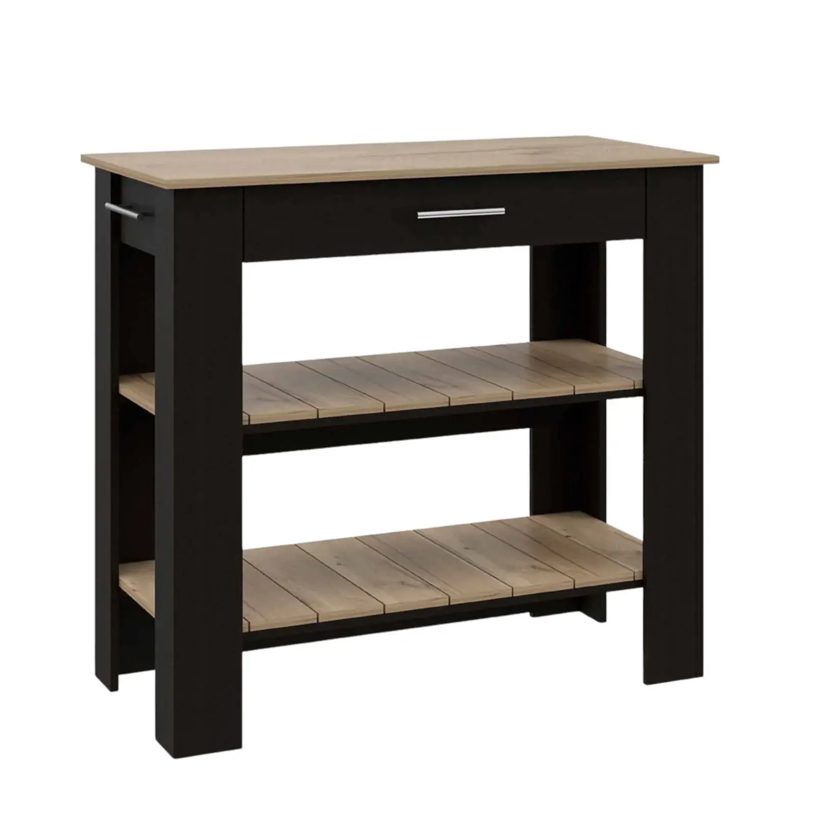 Light Oak and Black Kitchen Island with Drawer and Two Open Shelves - Image 3