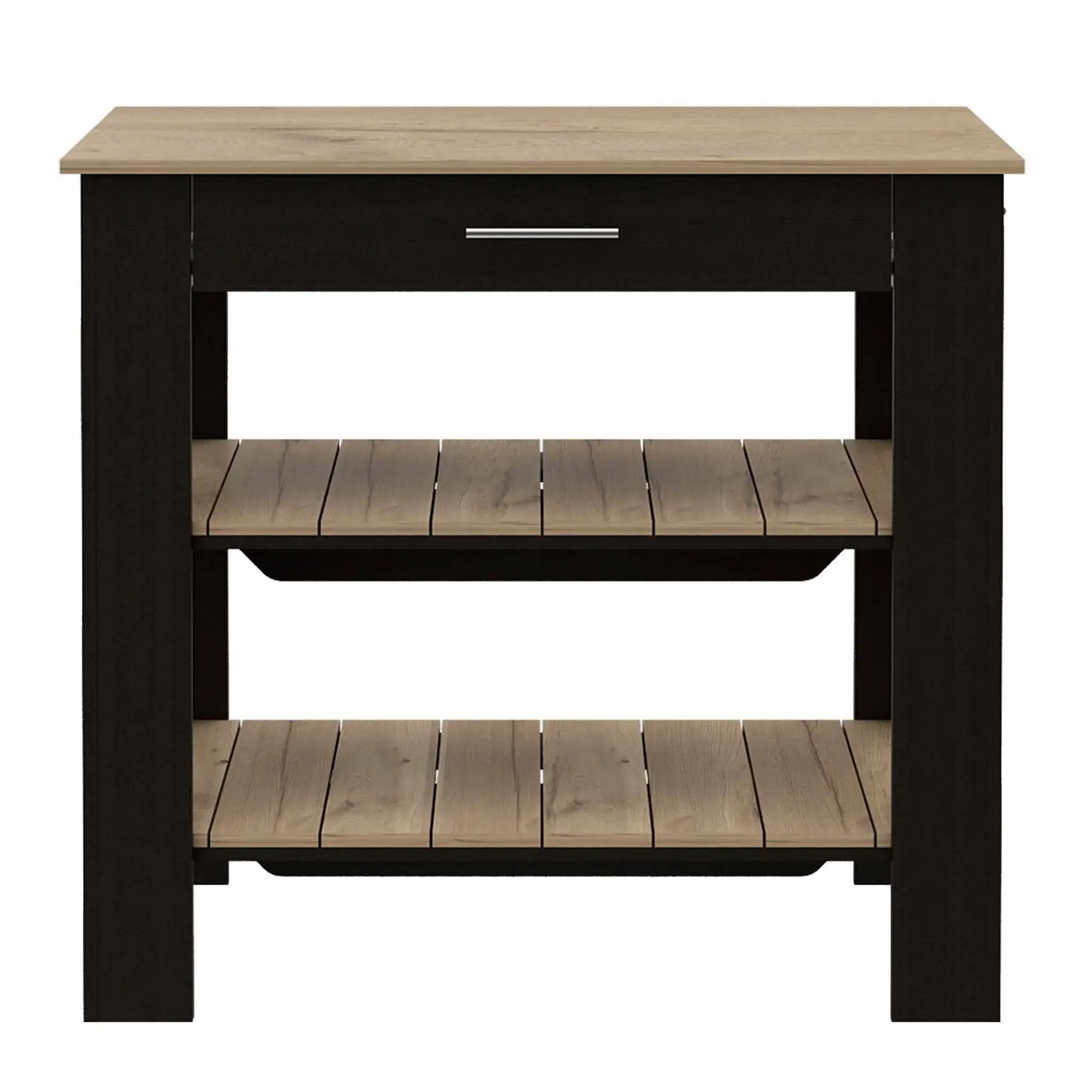 Light Oak and Black Kitchen Island with Drawer and Two Open Shelves - Image 5