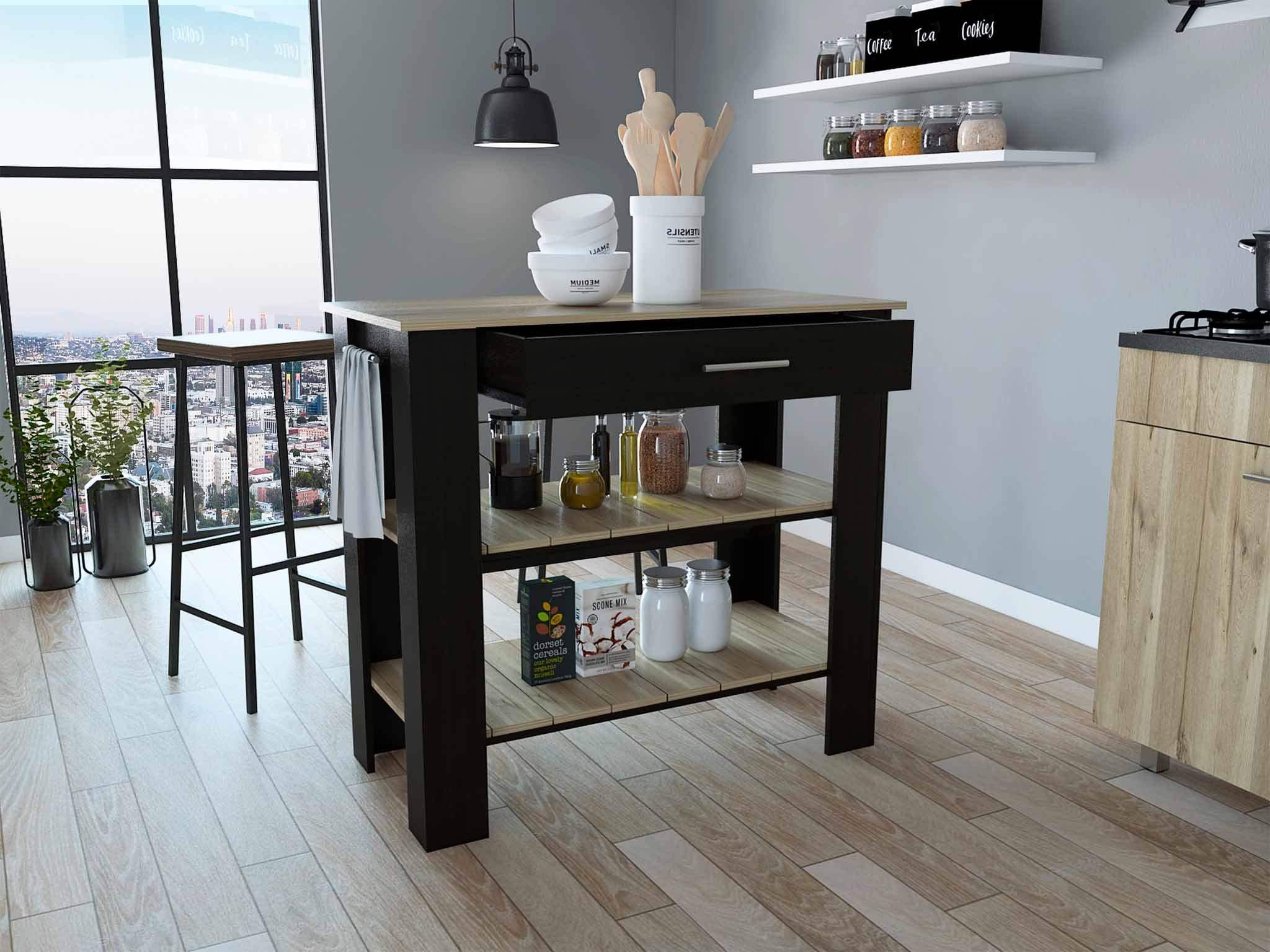 Light Oak and Black Kitchen Island with Drawer and Two Open Shelves - Image 7