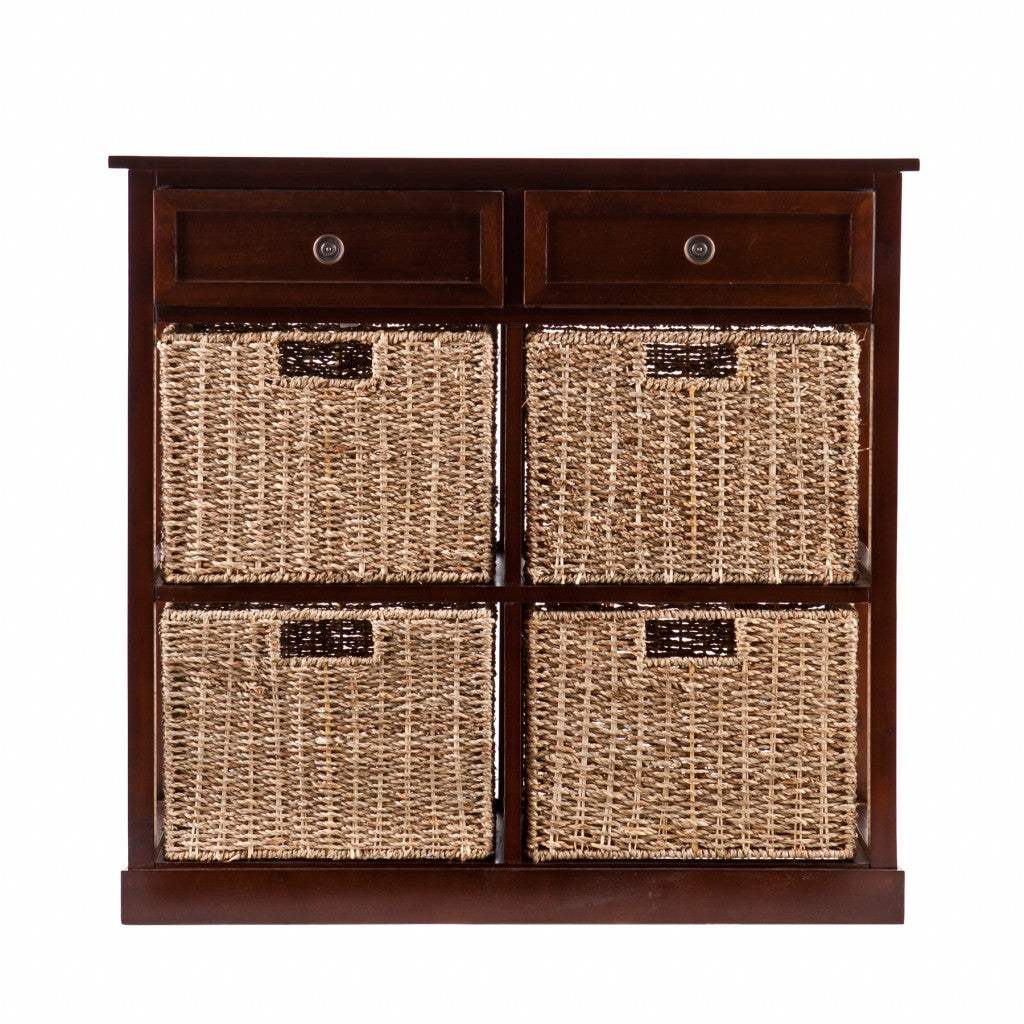 Mahogany and Seagrass Basket Storage Shelving Unit - Image 2