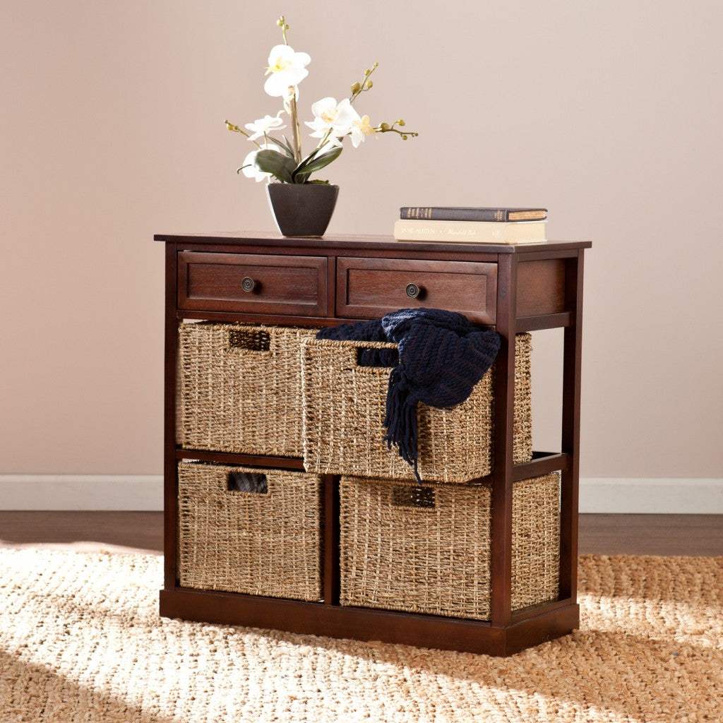 Mahogany and Seagrass Basket Storage Shelving Unit - Image 3