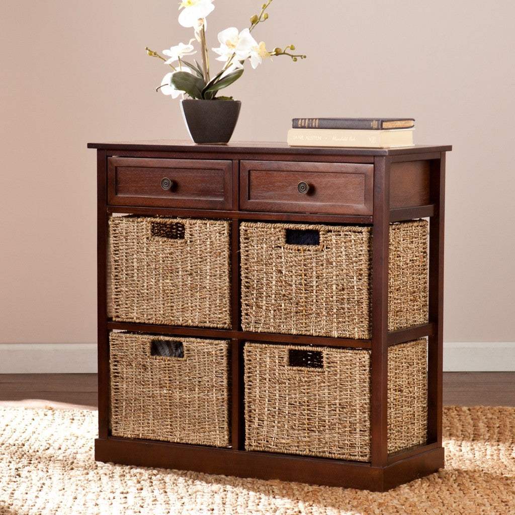 Mahogany and Seagrass Basket Storage Shelving Unit - Image 4