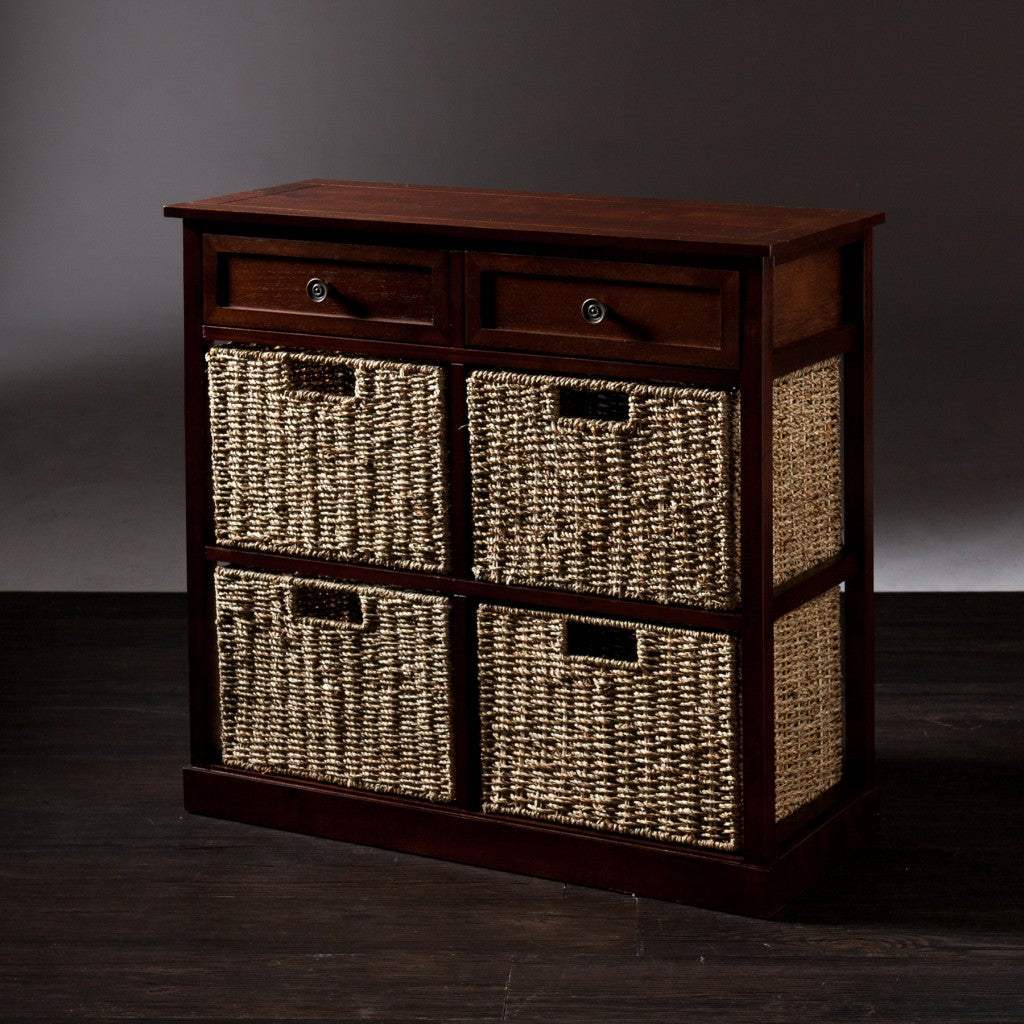 Mahogany and Seagrass Basket Storage Shelving Unit - Image 5