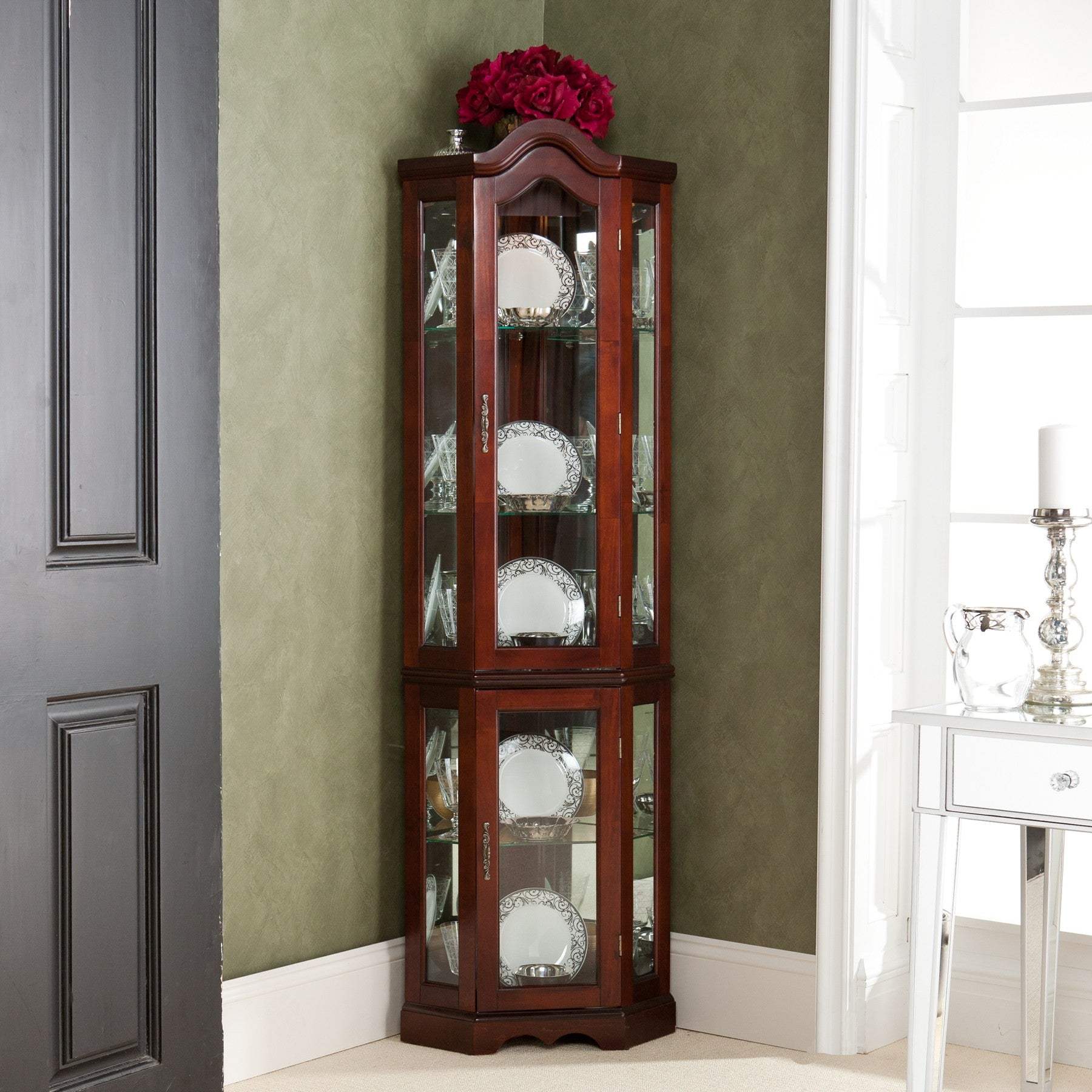 Mahogany Scallop Top Lighted Corner Curio Cabinet - Image 7
