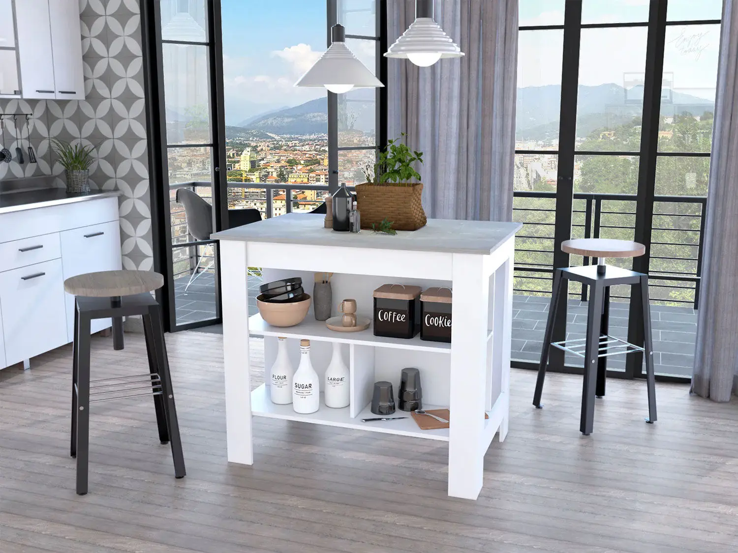 Marble and White Kitchen Island with Three Storage Shelves - Image 7