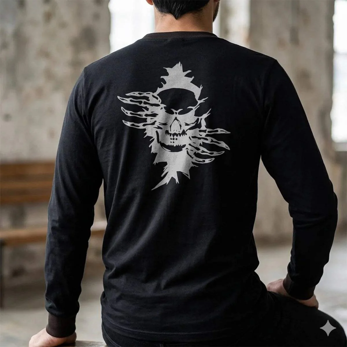 Men's Black Long Sleeve T-Shirt with Skull Graphic Print - Image 5